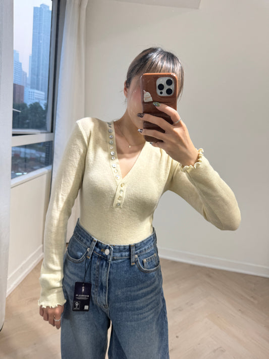 皺褶木耳顯瘦彈性上衣 ( 黃/灰 )