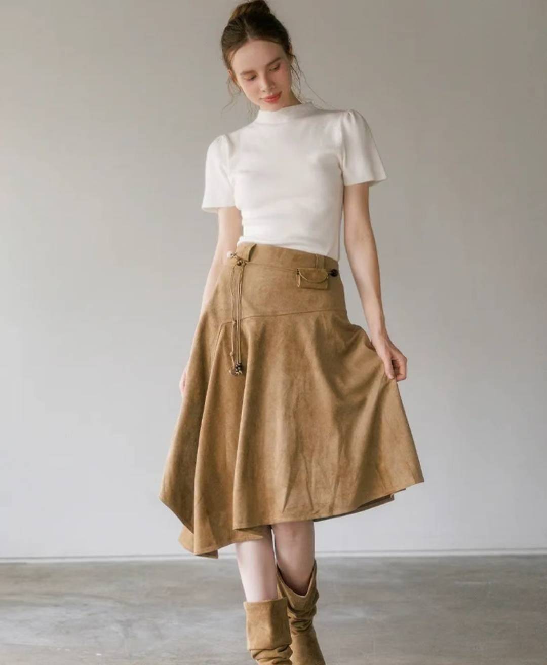 麂布連腰繩不規則長裙 ( 深啡/淺啡 )