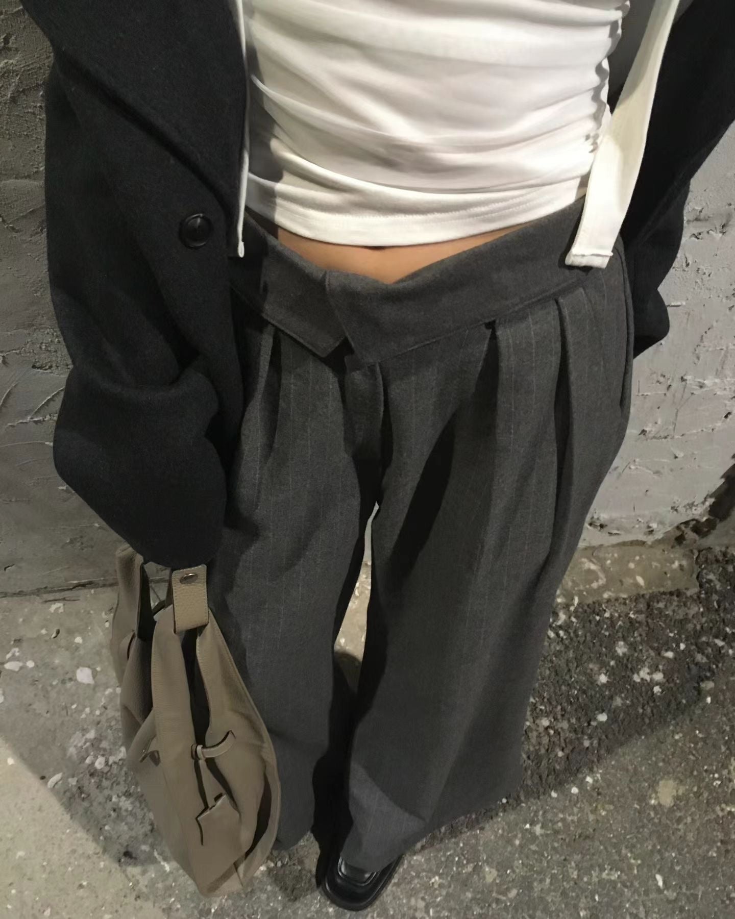 幼直紋羊毛反摺褲頭長褲 ( 灰/黑  )