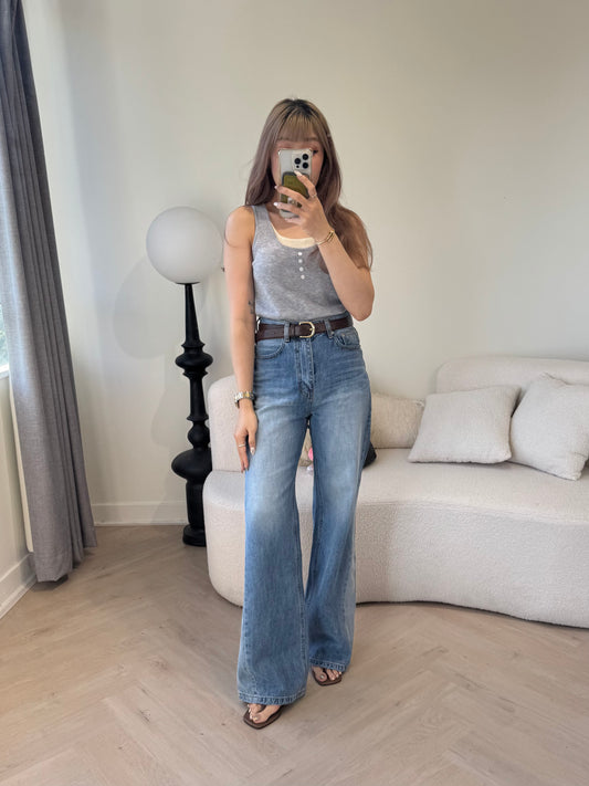 褲腳開叉間色長牛仔褲 ( S/M/L )