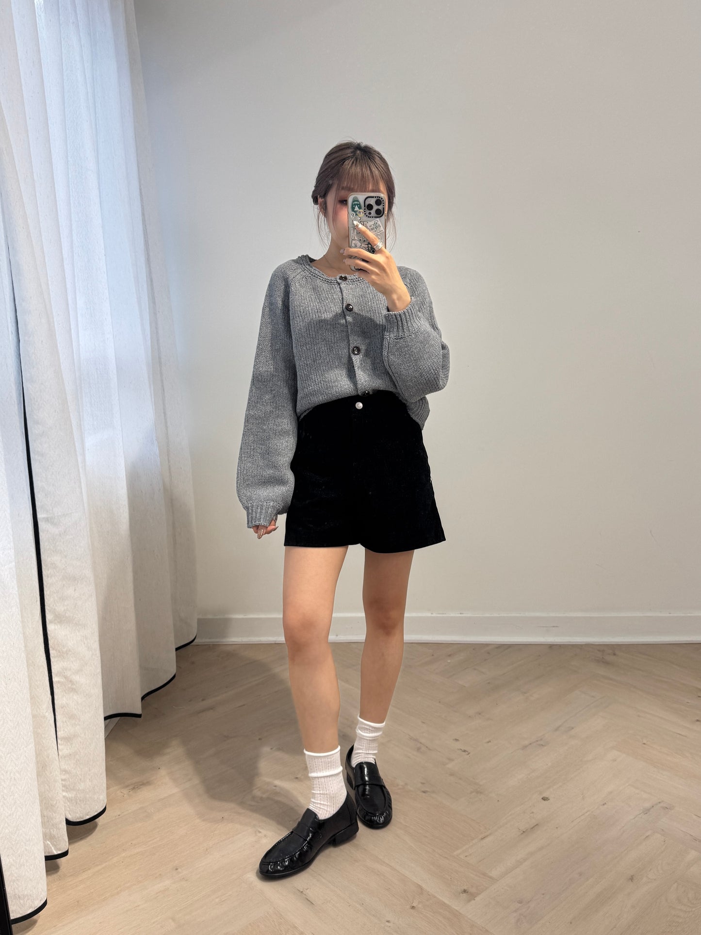 連冷帽鈕扣冷外套套裝 ( 灰/米白/黑 )