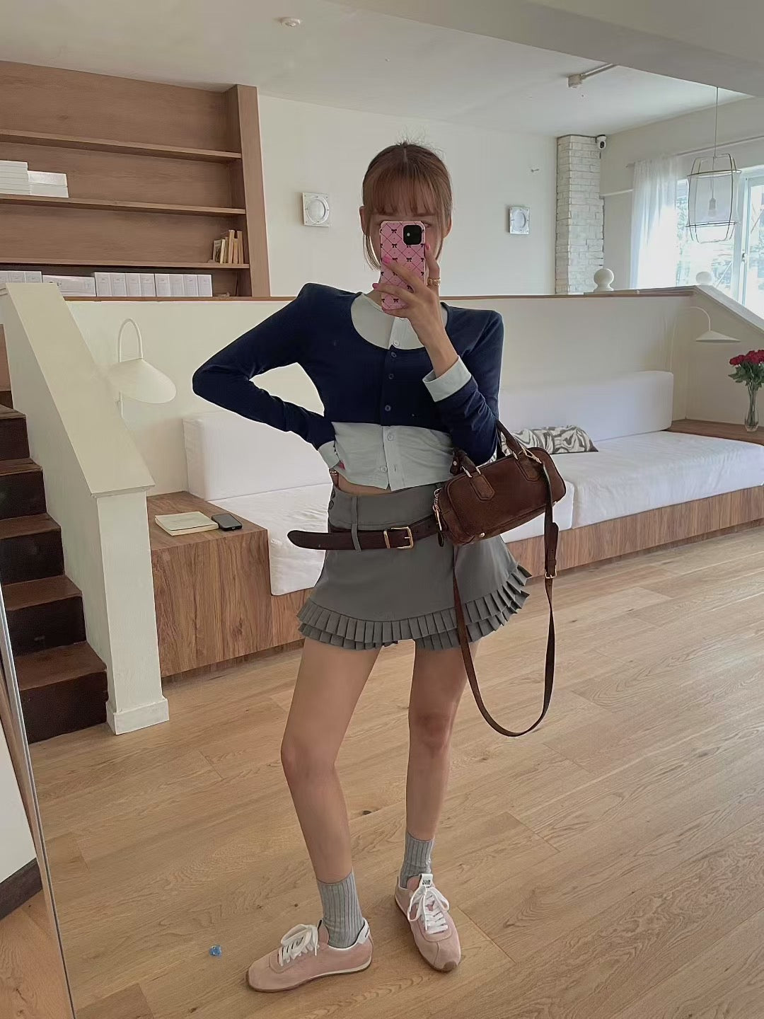 挺西裝料雙層百摺裙褲 ( 灰/啡 )