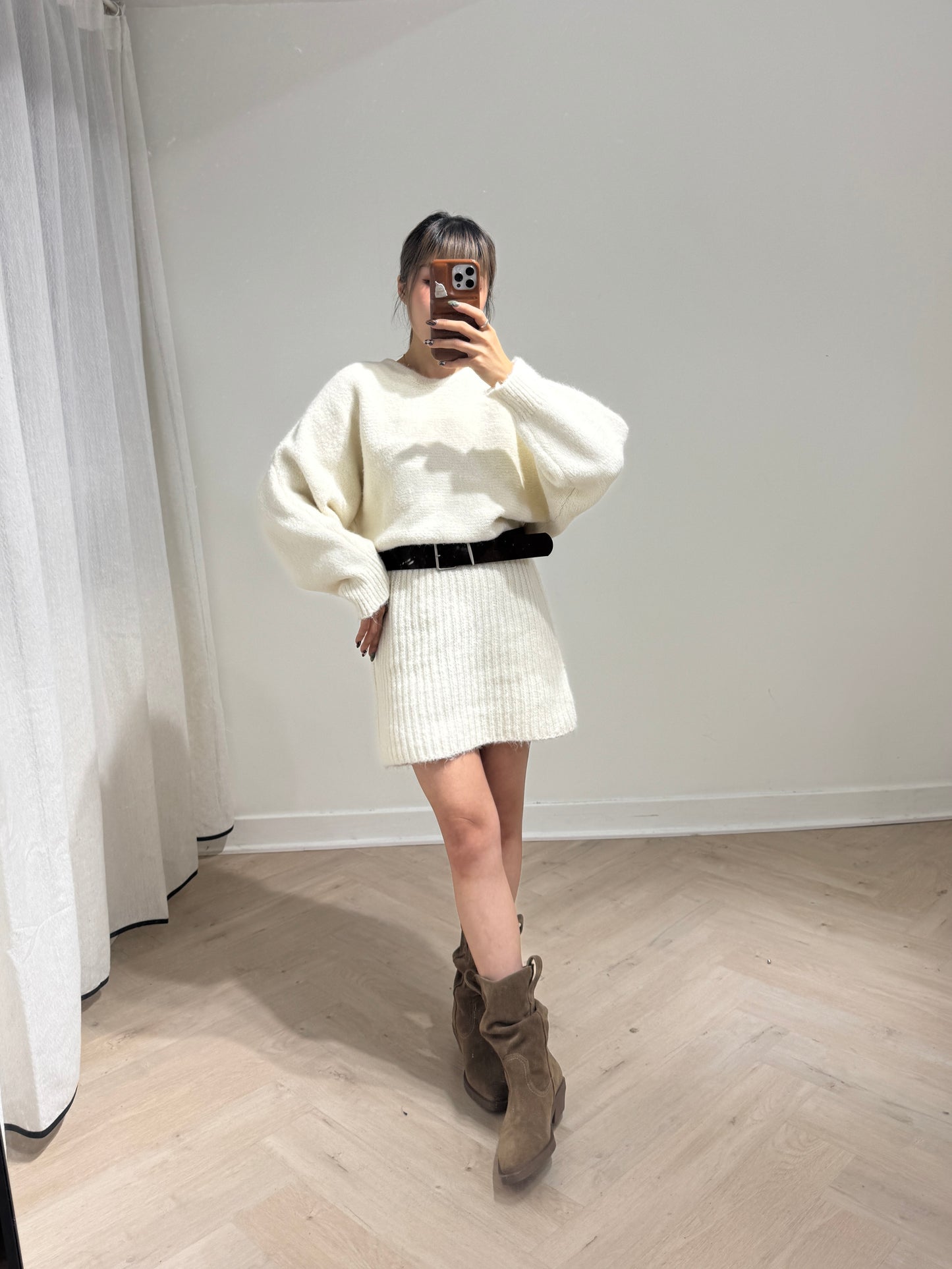 連皮帶冷線連衣裙 ( 灰/米白/啡 )