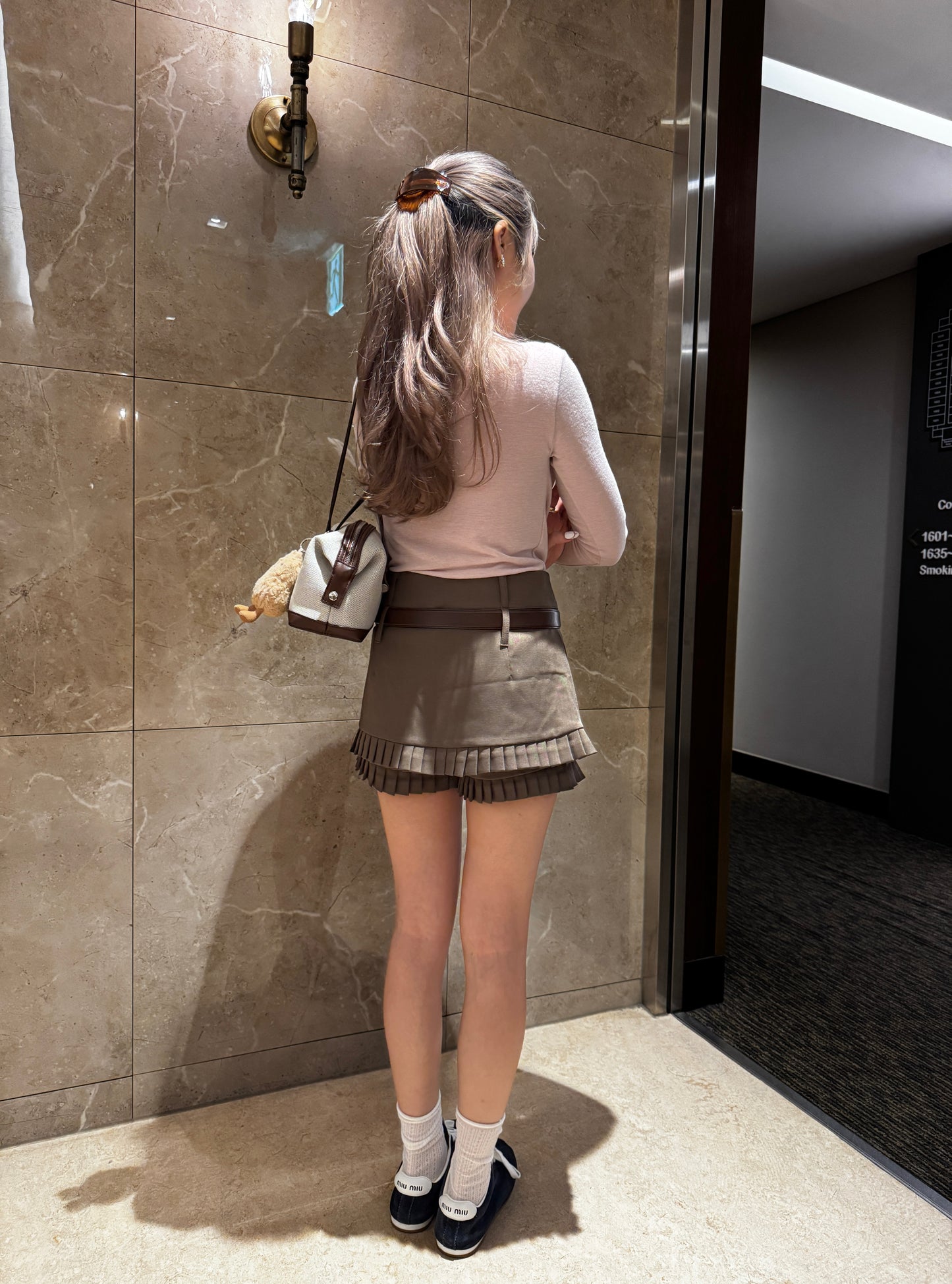 挺西裝料雙層百摺裙褲 ( 灰/啡 )