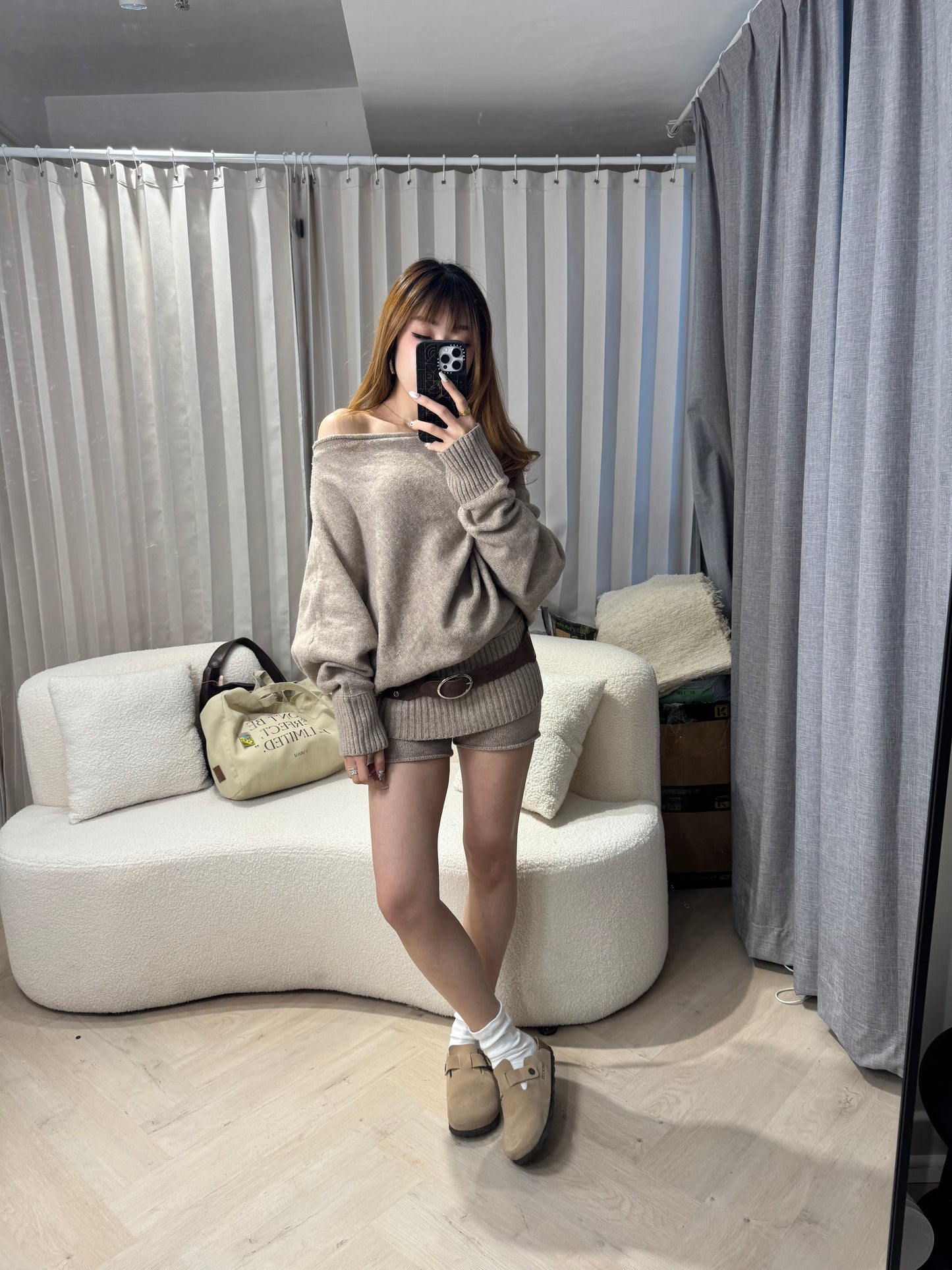 泡泡領冷上衣+短褲套裝SET ( 灰/杏 )