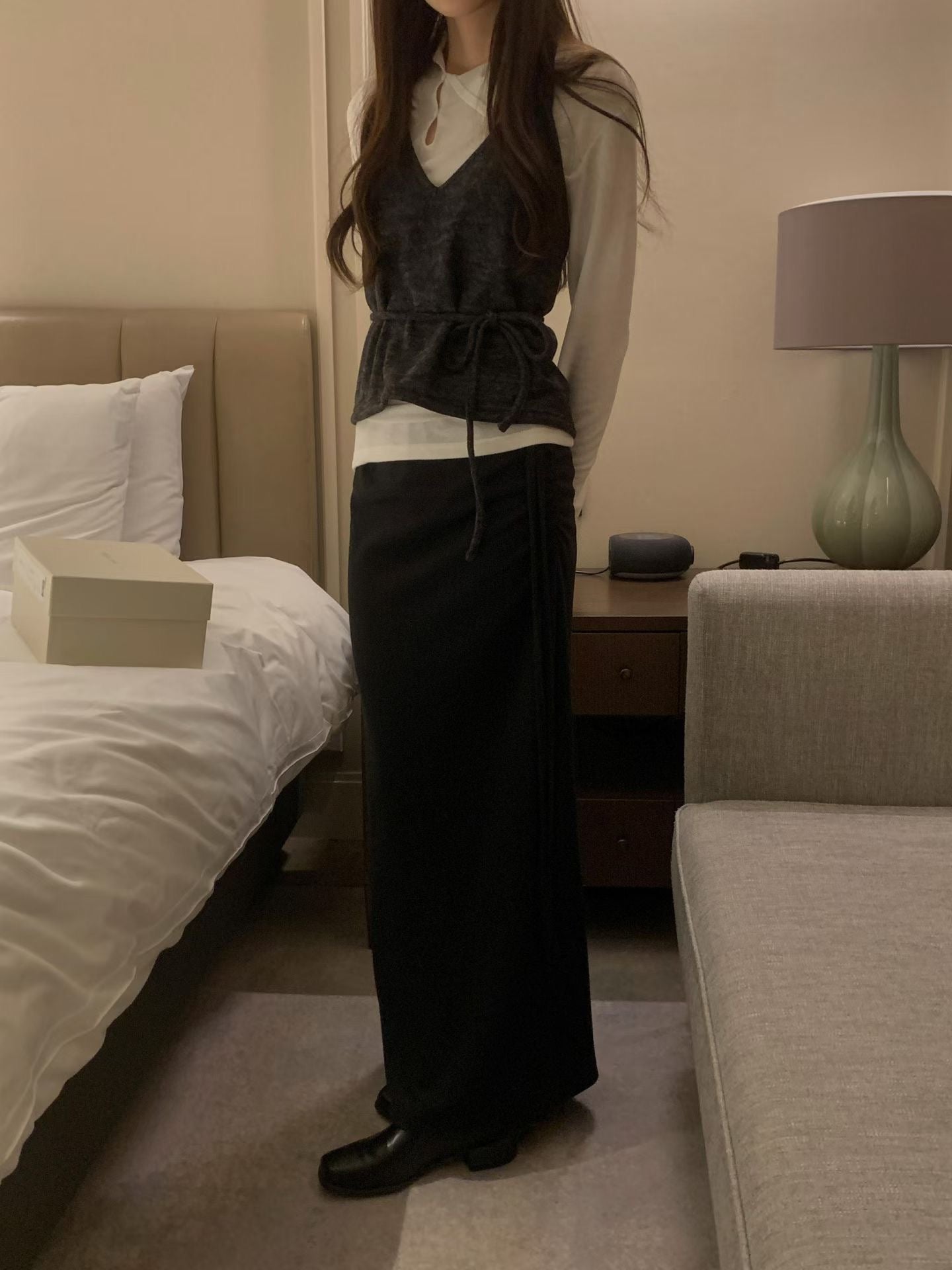 鈕扣薄料上衣 ( 深灰/白/粉 )