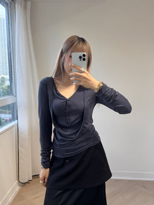 垂感鈕扣棉質上衣 ( 黑/深灰 )