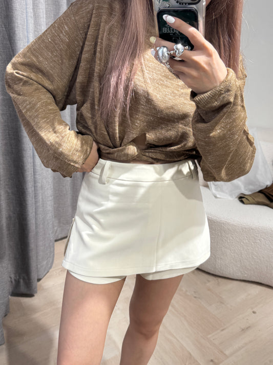 磨砂軟料仿皮裙褲 ( 米白/啡 )