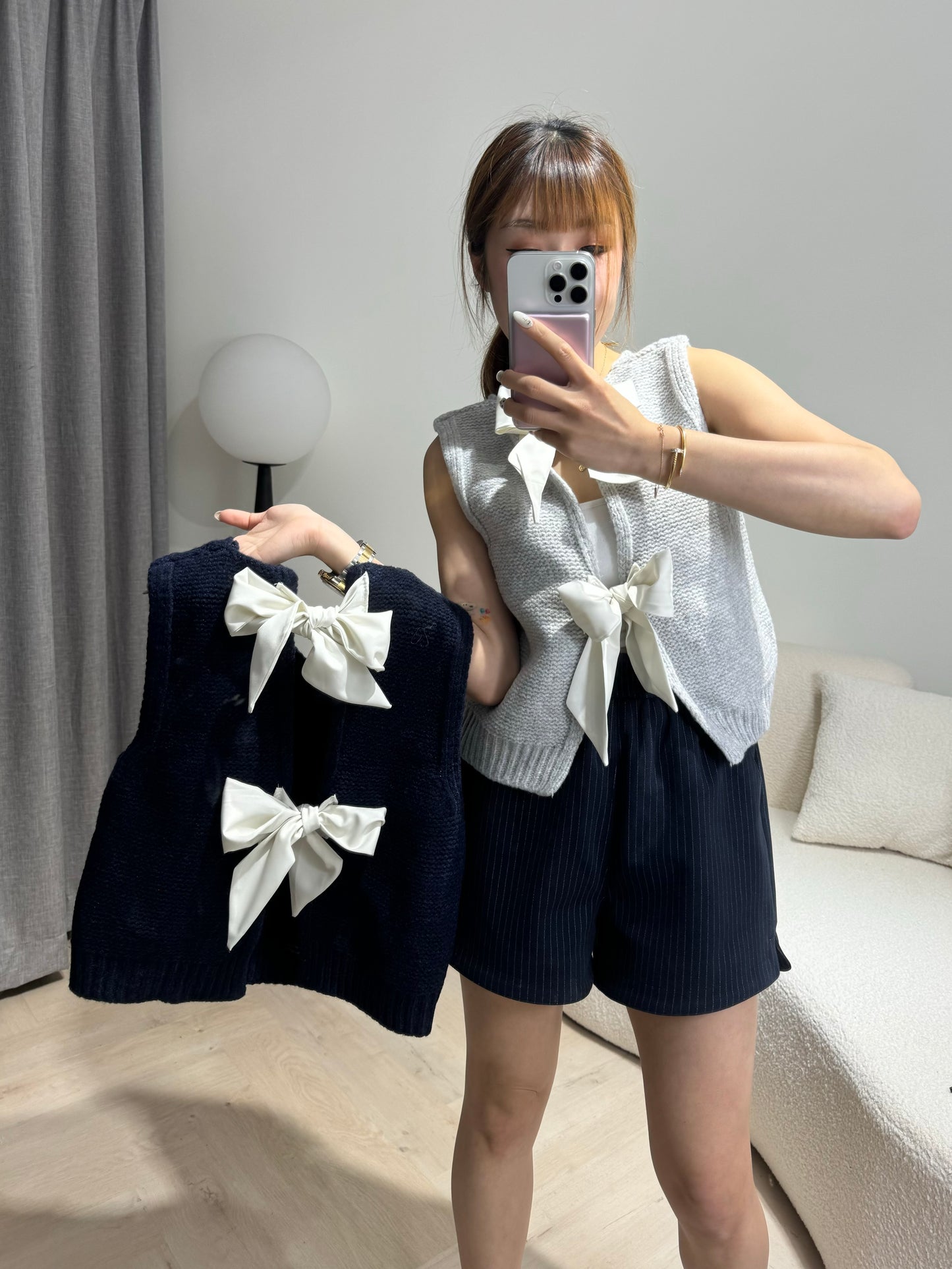 綁蝴蝶背心冷外套 ( 寶藍/灰 )