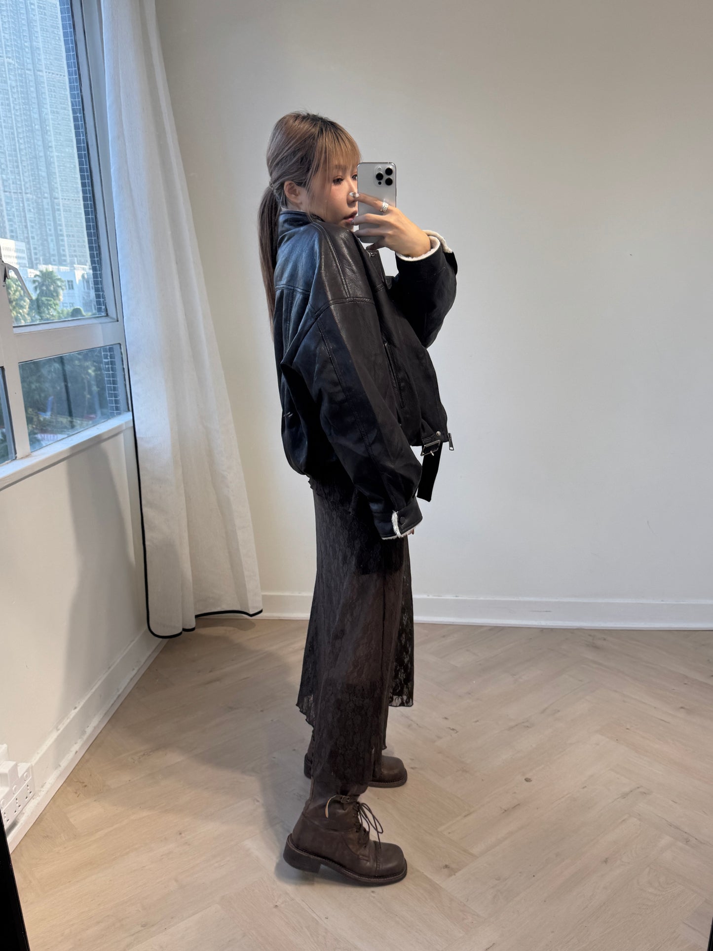 仿皮毛毛BIKER外套 ( 黑/深啡 )