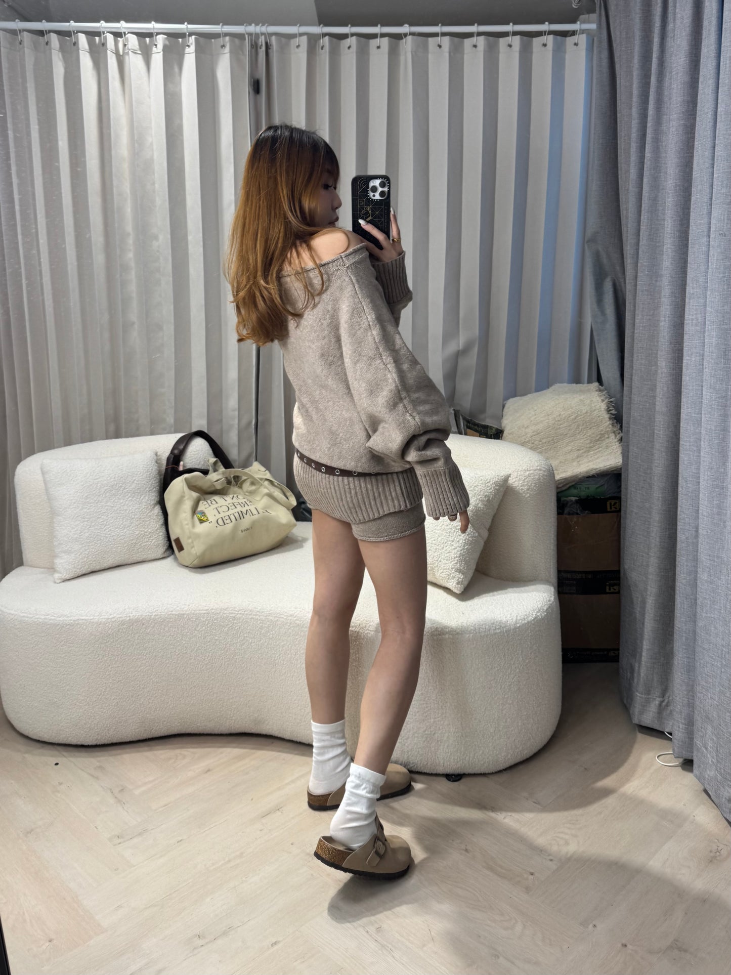 泡泡領冷上衣+短褲套裝SET ( 灰/杏 )