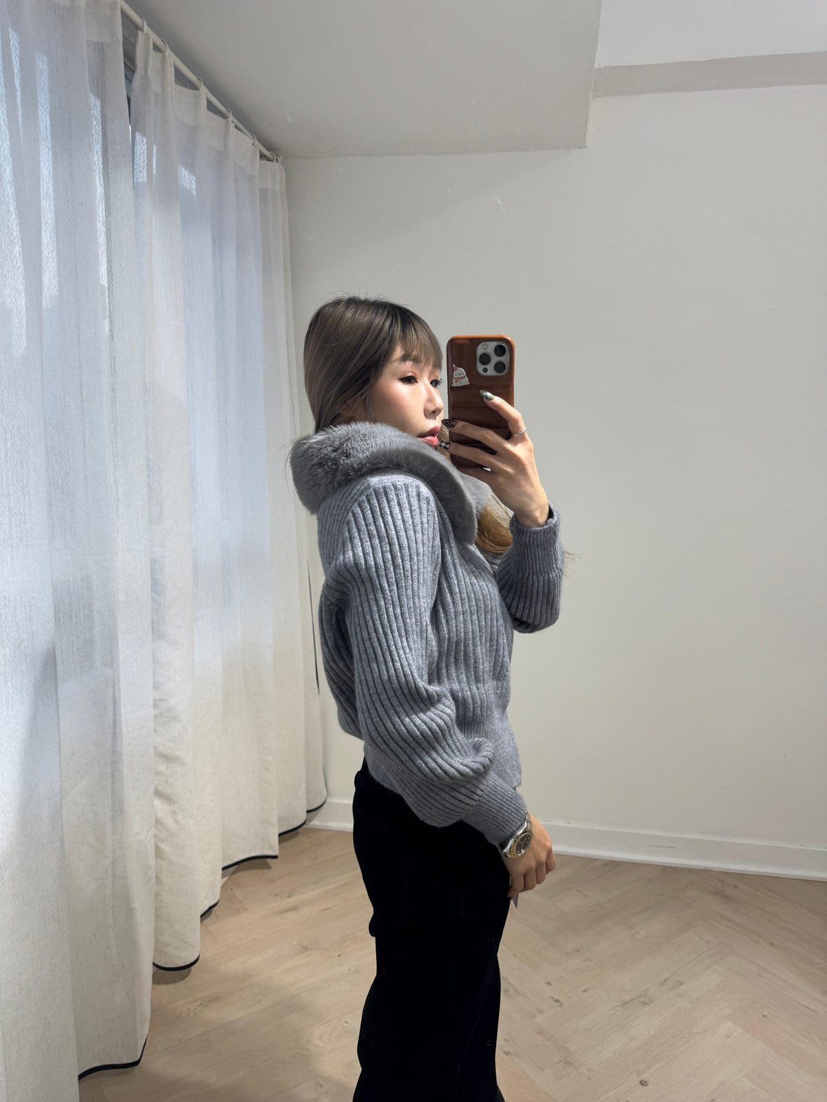 滑毛毛領拉鍊外套 ( 杏/灰/啡 )