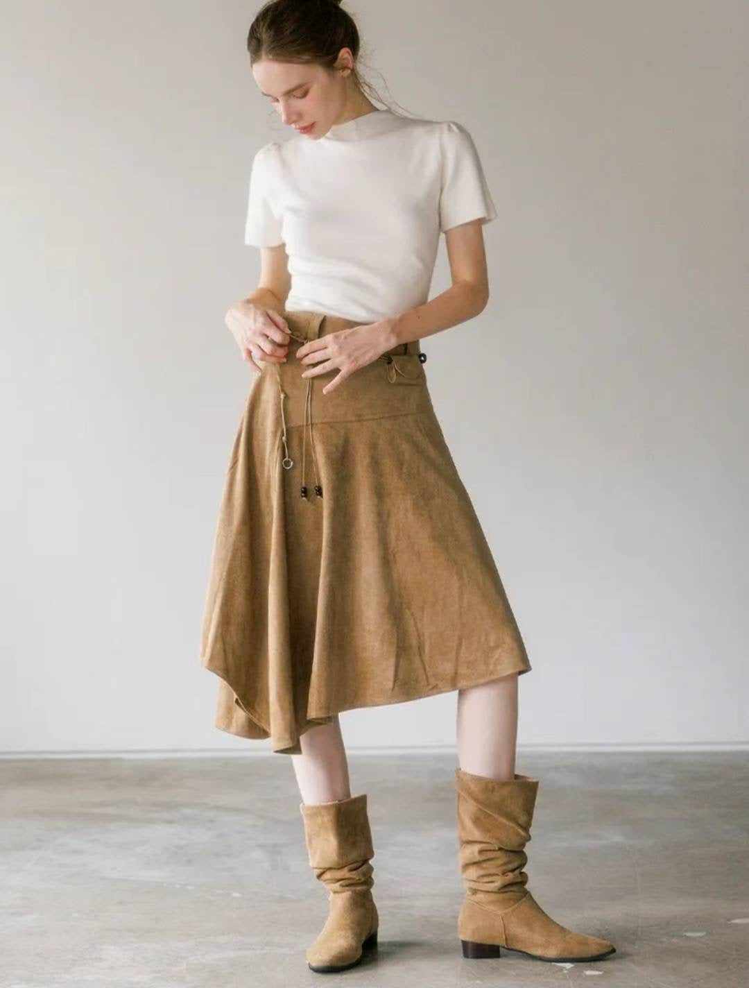 麂布連腰繩不規則長裙 ( 深啡/淺啡 )