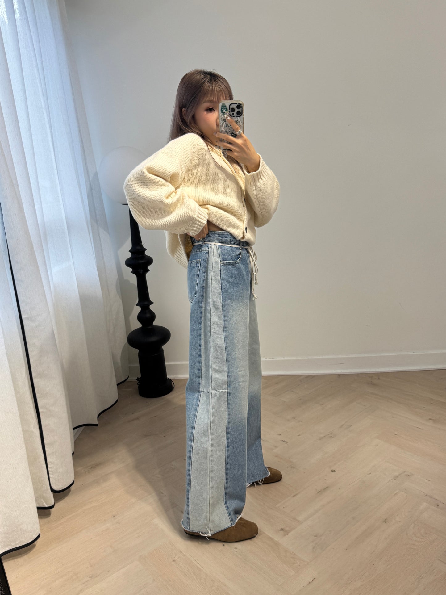 深淺併色直腳寬鬆白繩牛仔褲 ( S/M/L )