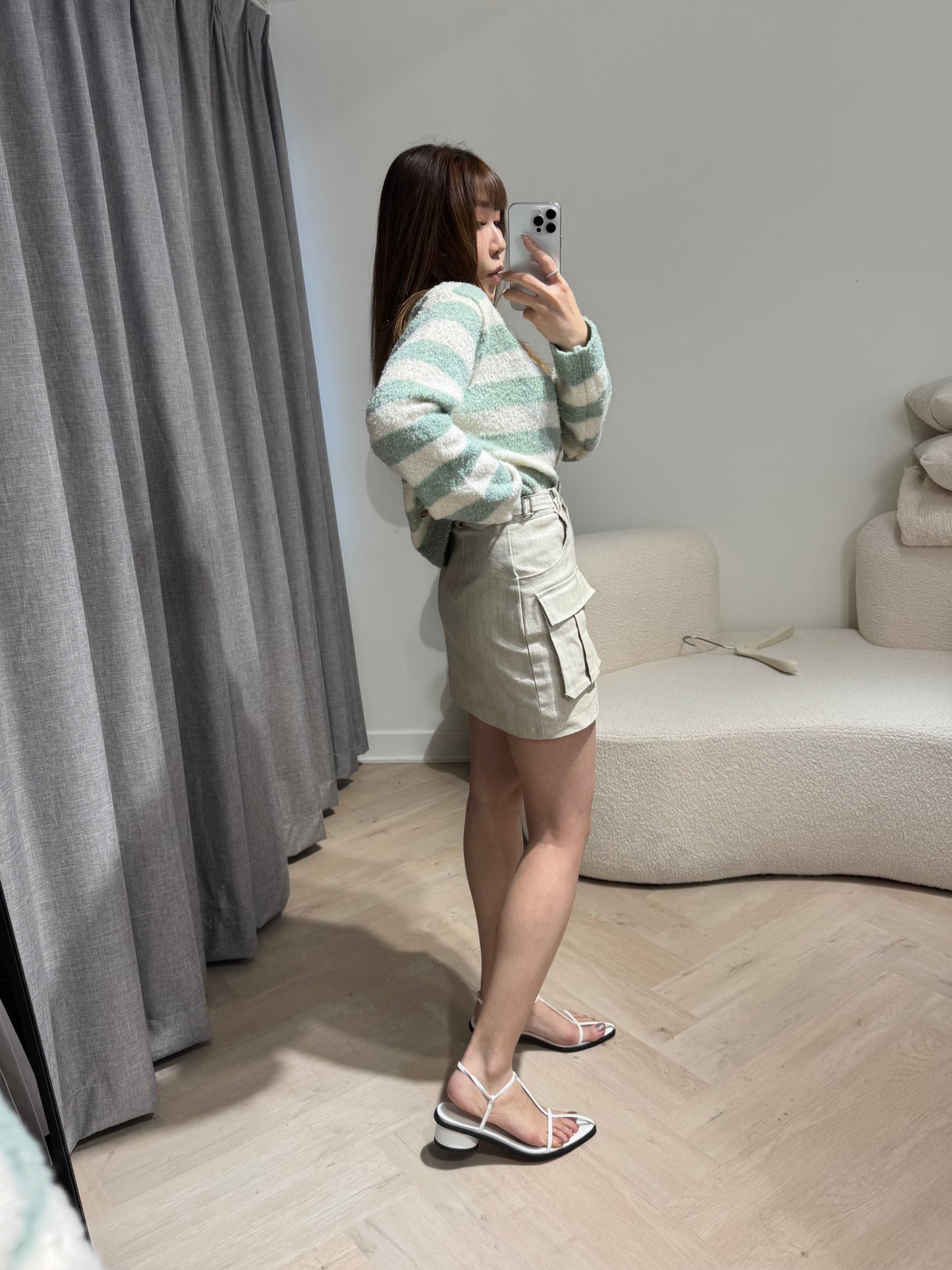 雙扣有口袋短裙褲 ( 米/藍 )