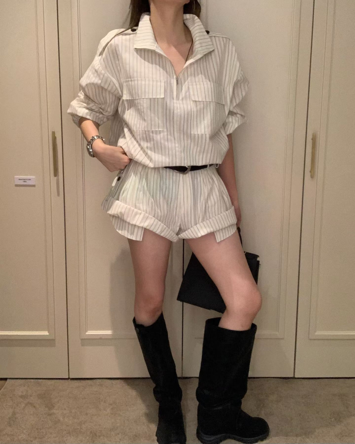 直紋反摺短褲 ( 杏/藍/啡 )