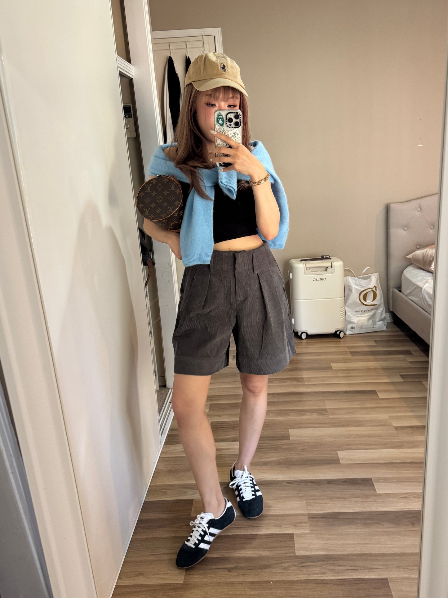 燈芯絨可反摺短褲 ( 米杏/深灰 )