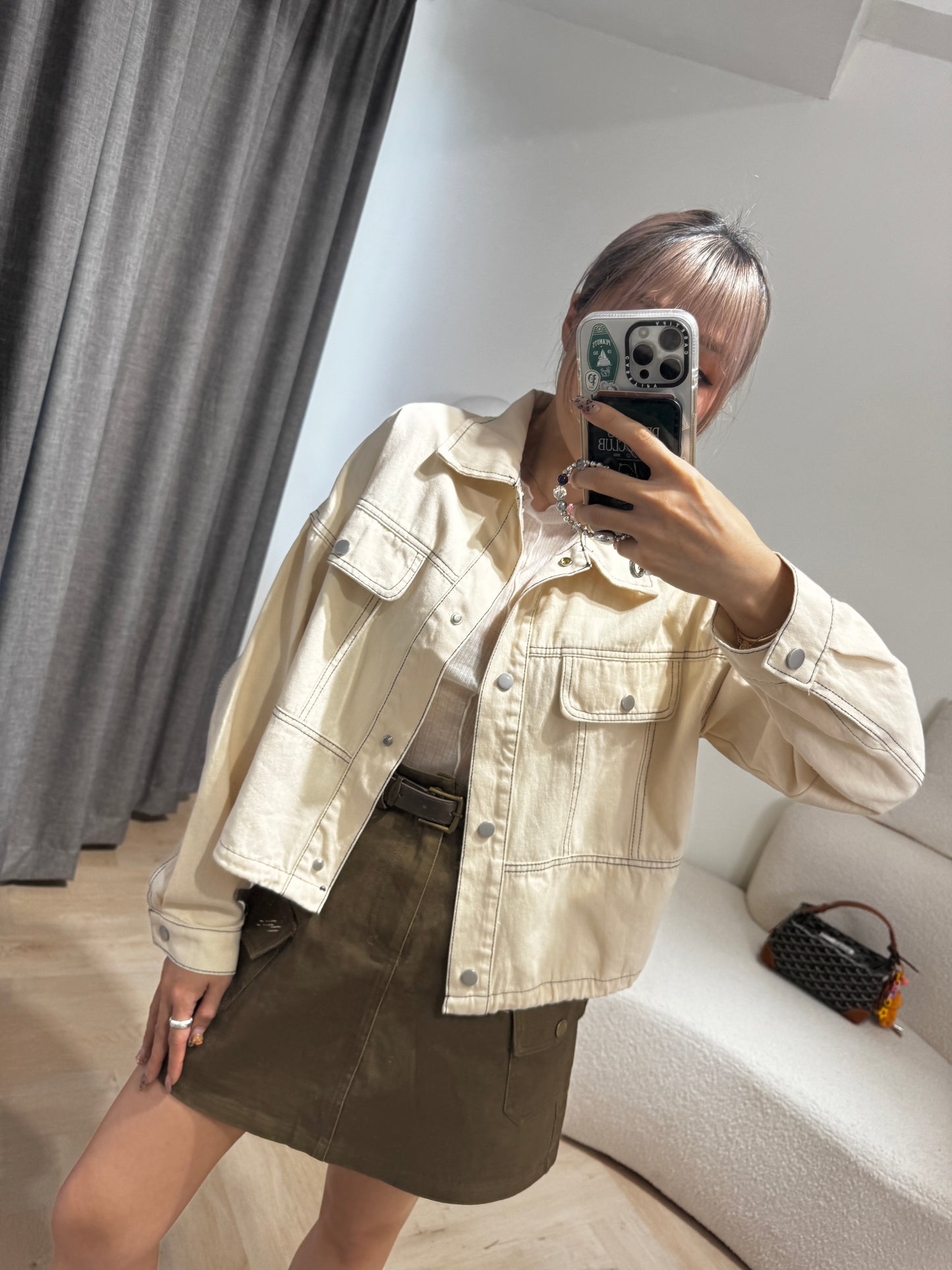 明線薄斜布外套 ( 黑/米 )