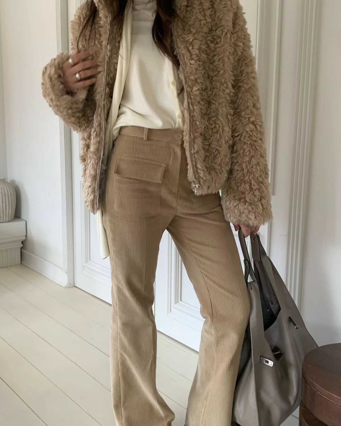 雙口袋燈芯絨喇叭長褲 ( 寶藍/杏 )