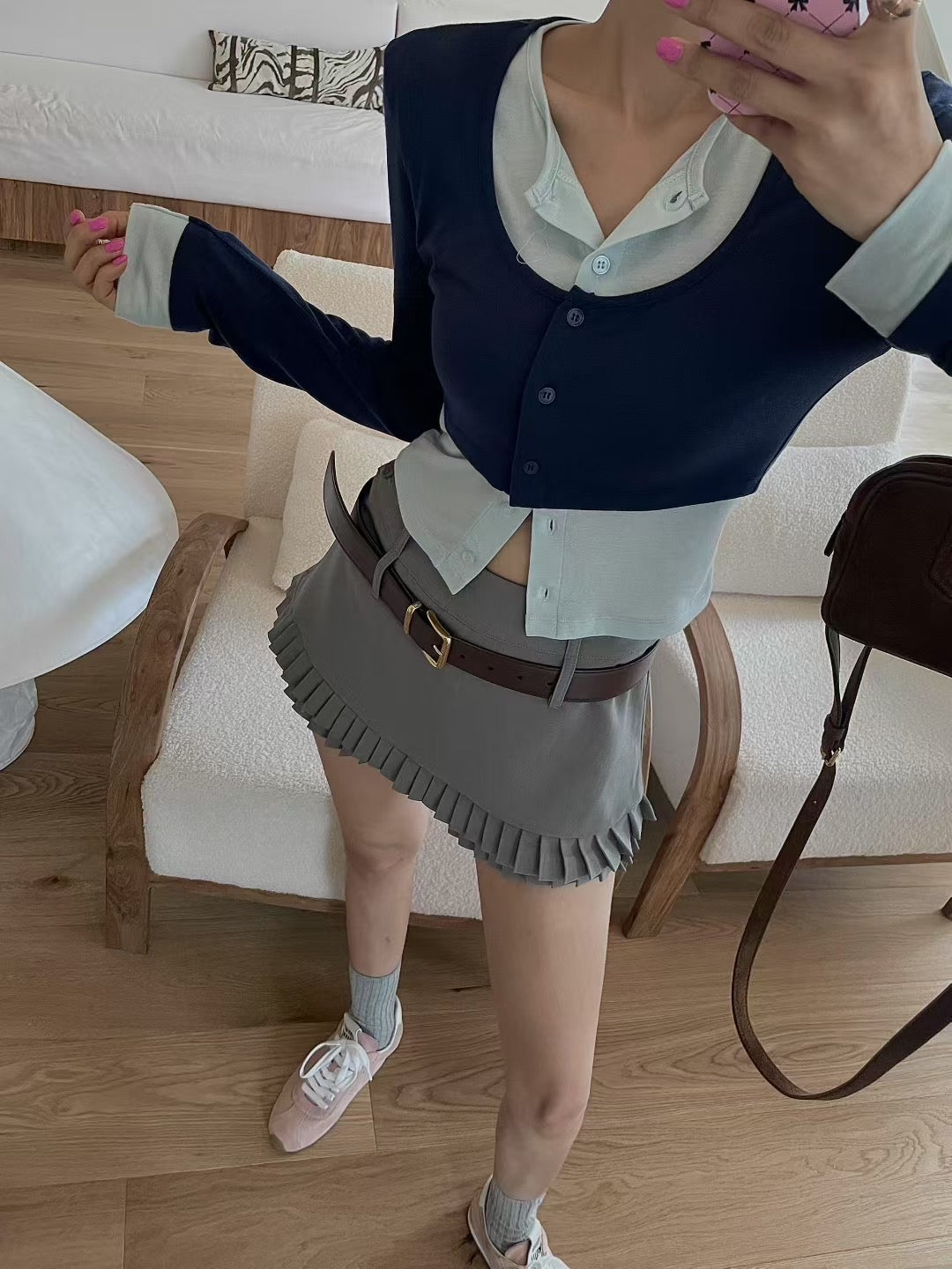 挺西裝料雙層百摺裙褲 ( 灰/啡 )