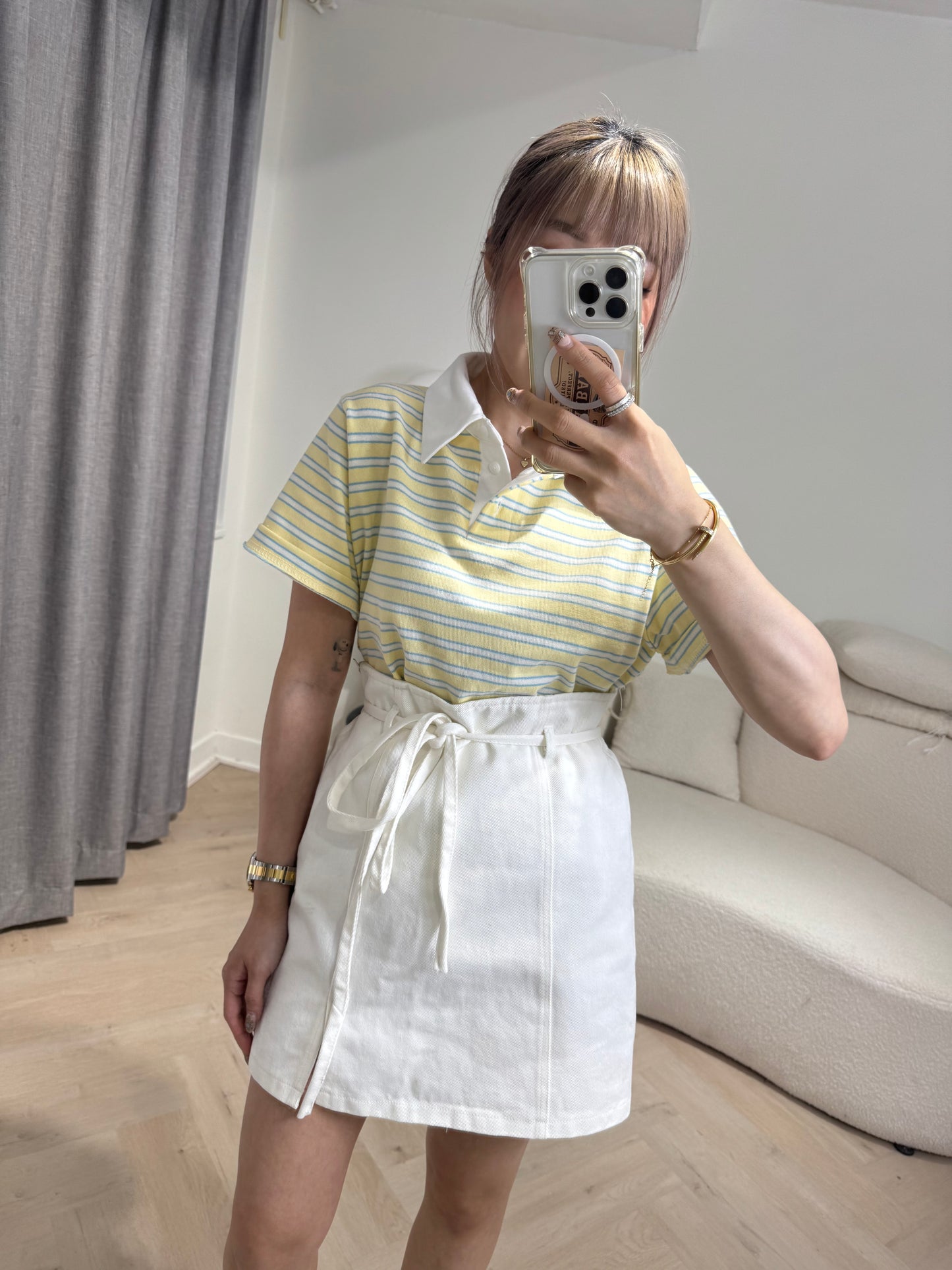 明線綁繩開叉短裙 ( 黑/白 ）