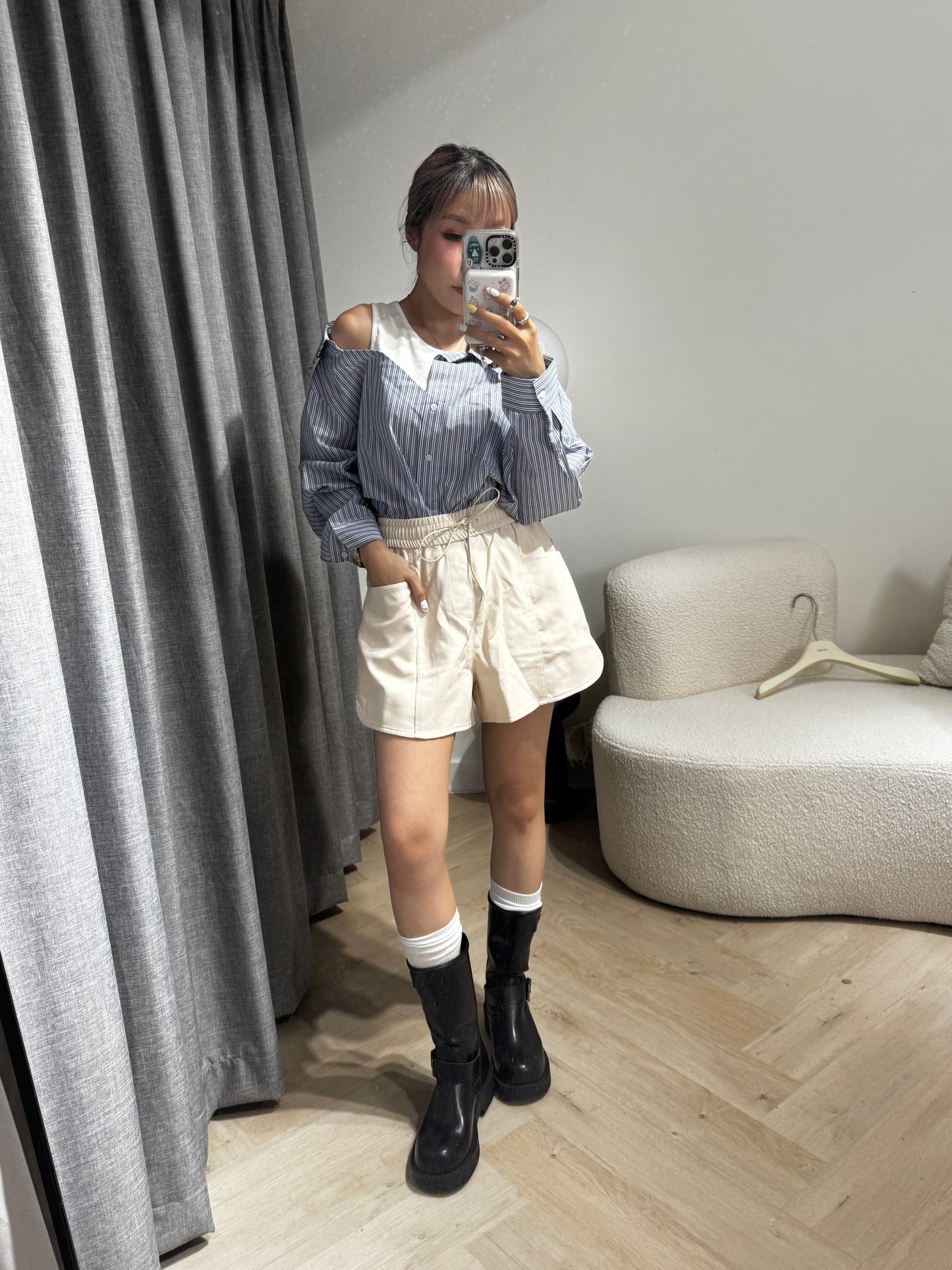 皮繩弧圓腳皮短褲 ( 黑/米/啡 )