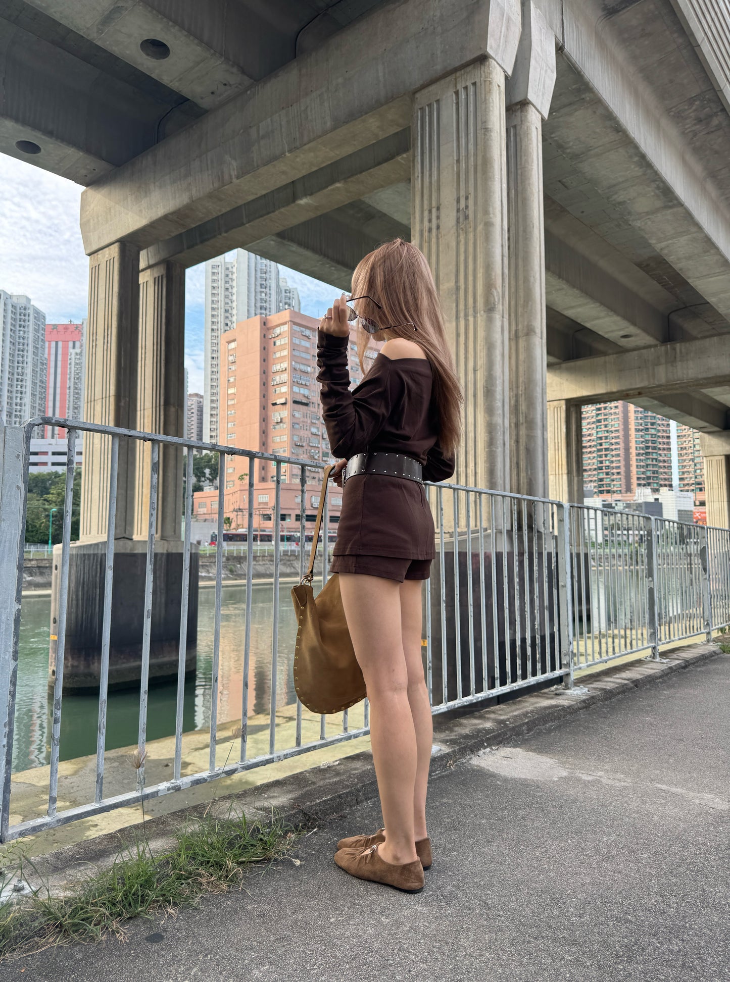 連皮帶棉質上衣 + 裙褲套裝 ( 黑/深啡 )