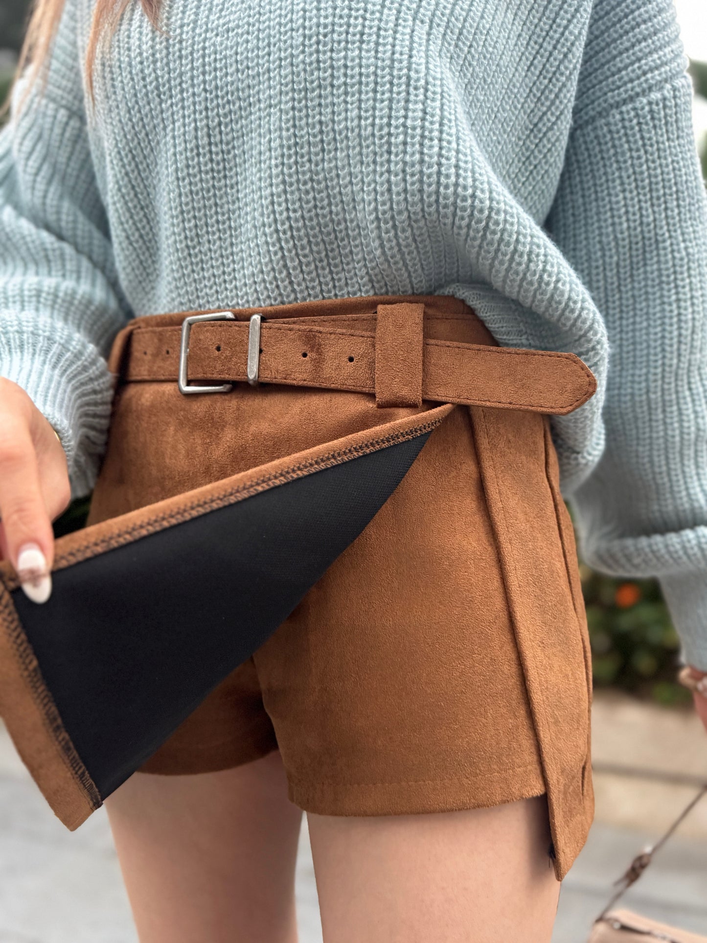 連BELT麂布開叉裙褲 ( 灰/啡 )