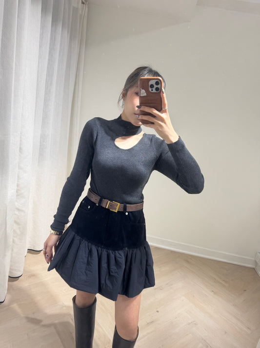 麂料併太空棉傘形短裙 ( 深藍/墨綠 )