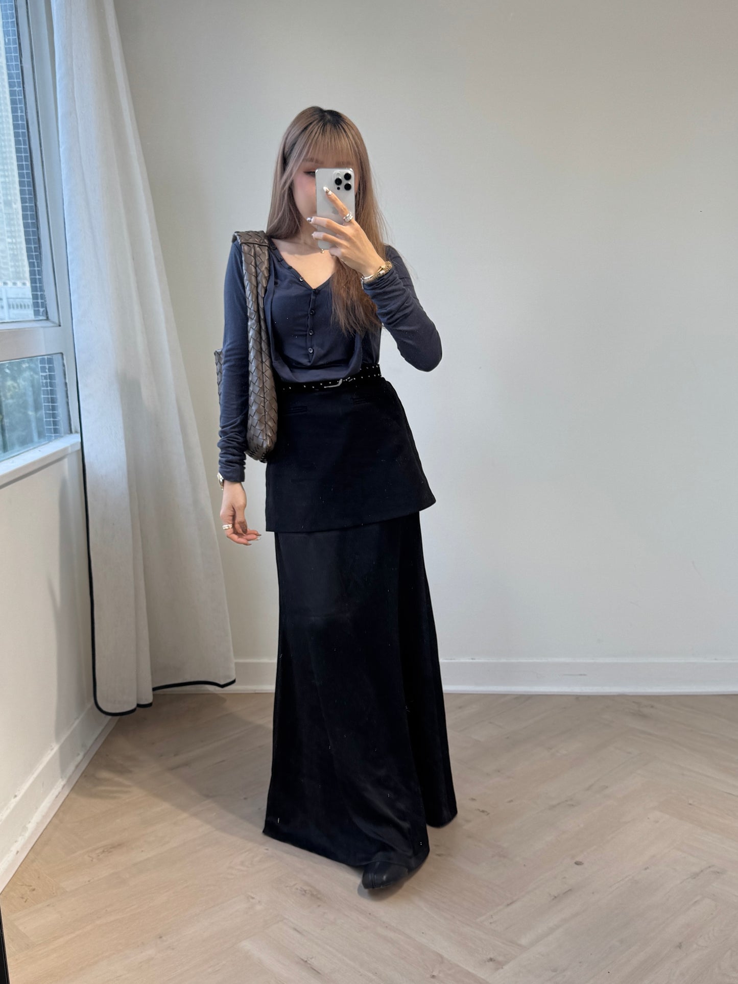 垂感鈕扣棉質上衣 ( 黑/深灰 )