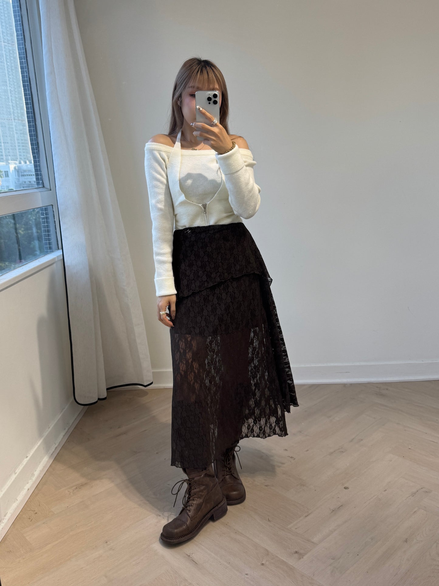 LACE層次開叉長裙 ( 黑/白/啡 )