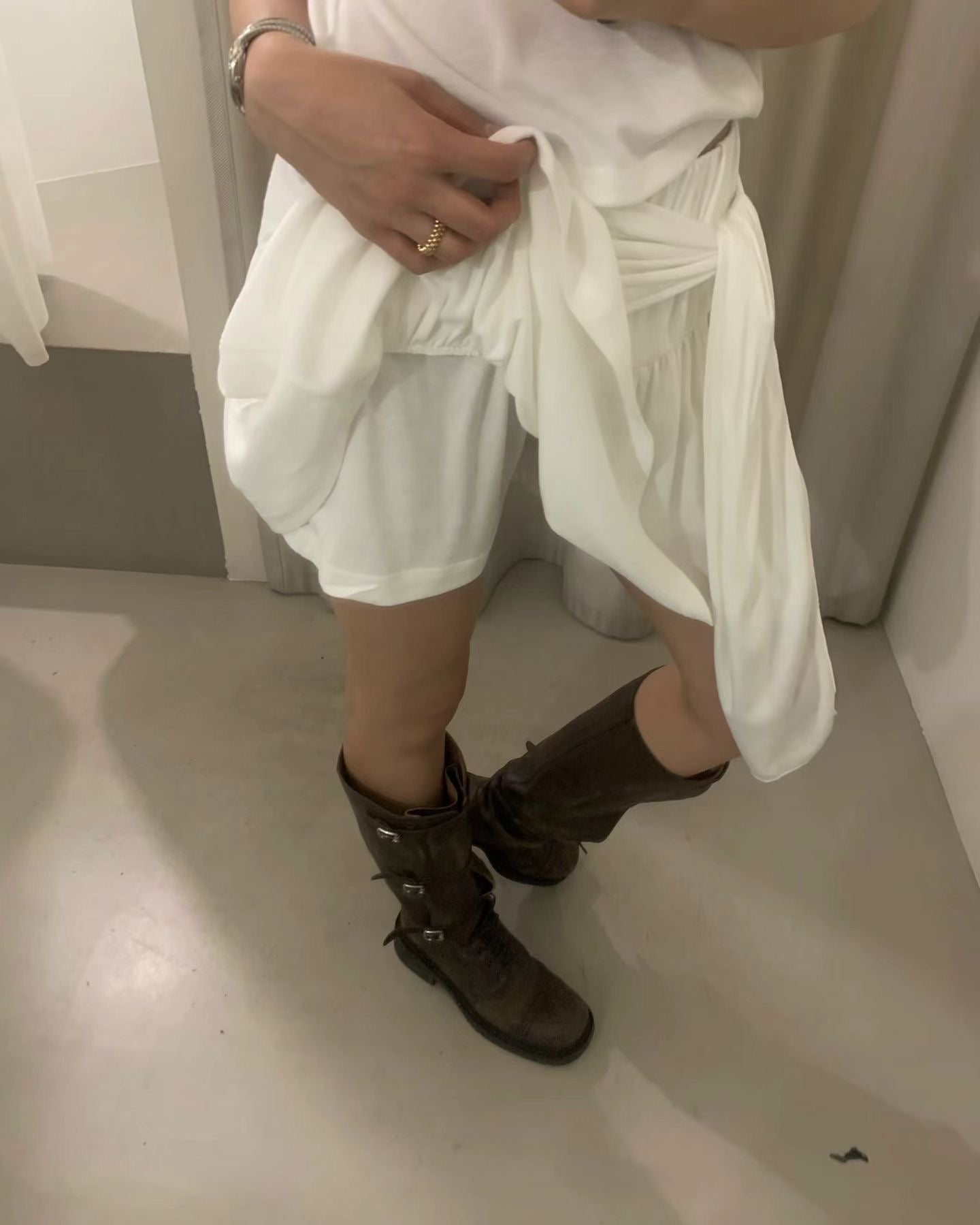 棉質綁結傘裙 ( 黑/白/灰 )