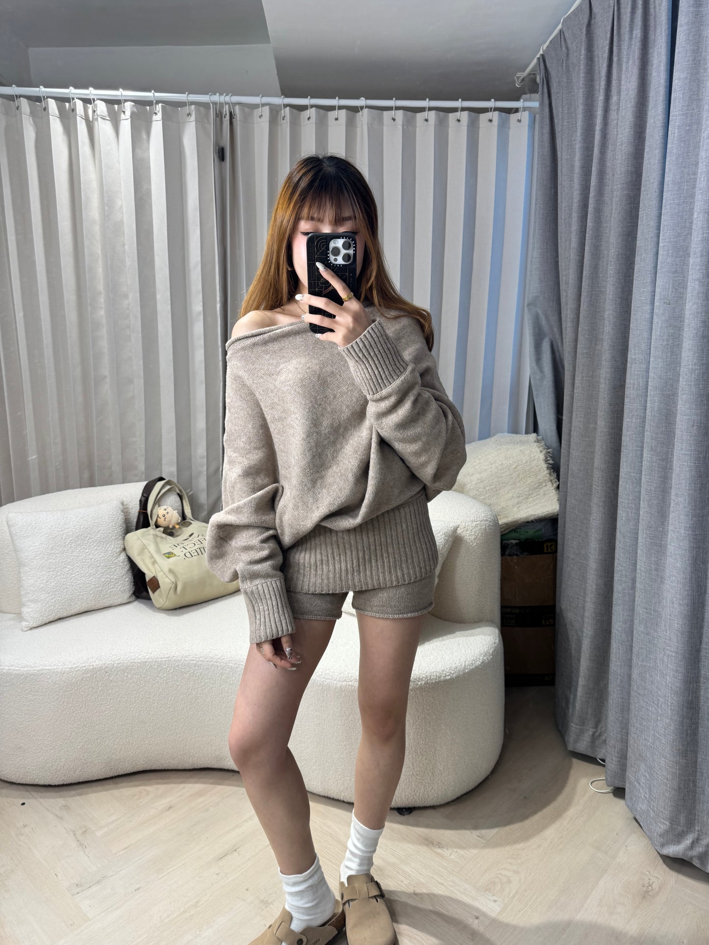 泡泡領冷上衣+短褲套裝SET ( 灰/杏 )