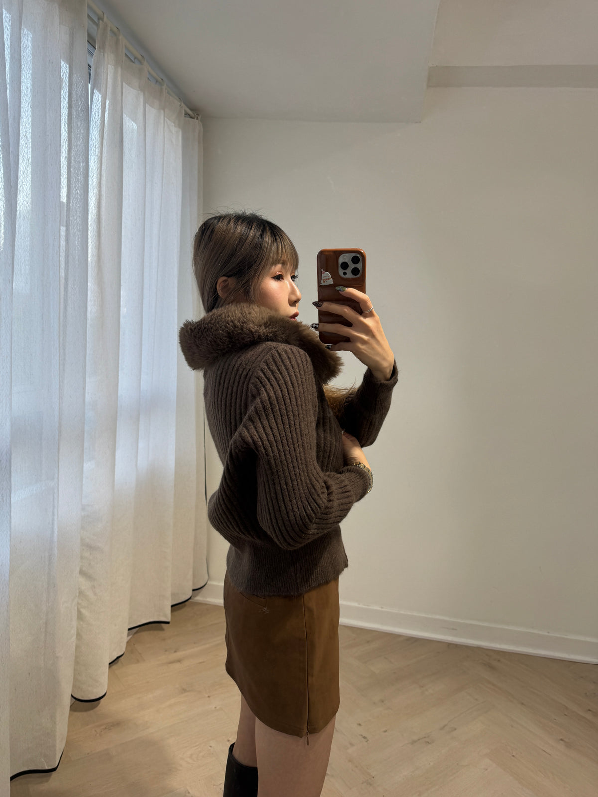 滑毛毛領拉鍊外套 ( 杏/灰/啡 )