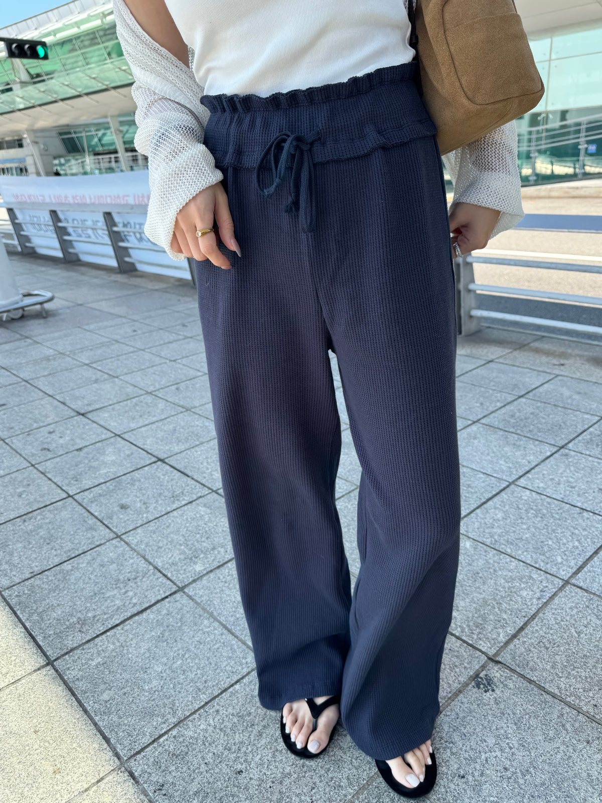 窩夫紋高腰長直褲 ( 寶藍/深灰/紅 )