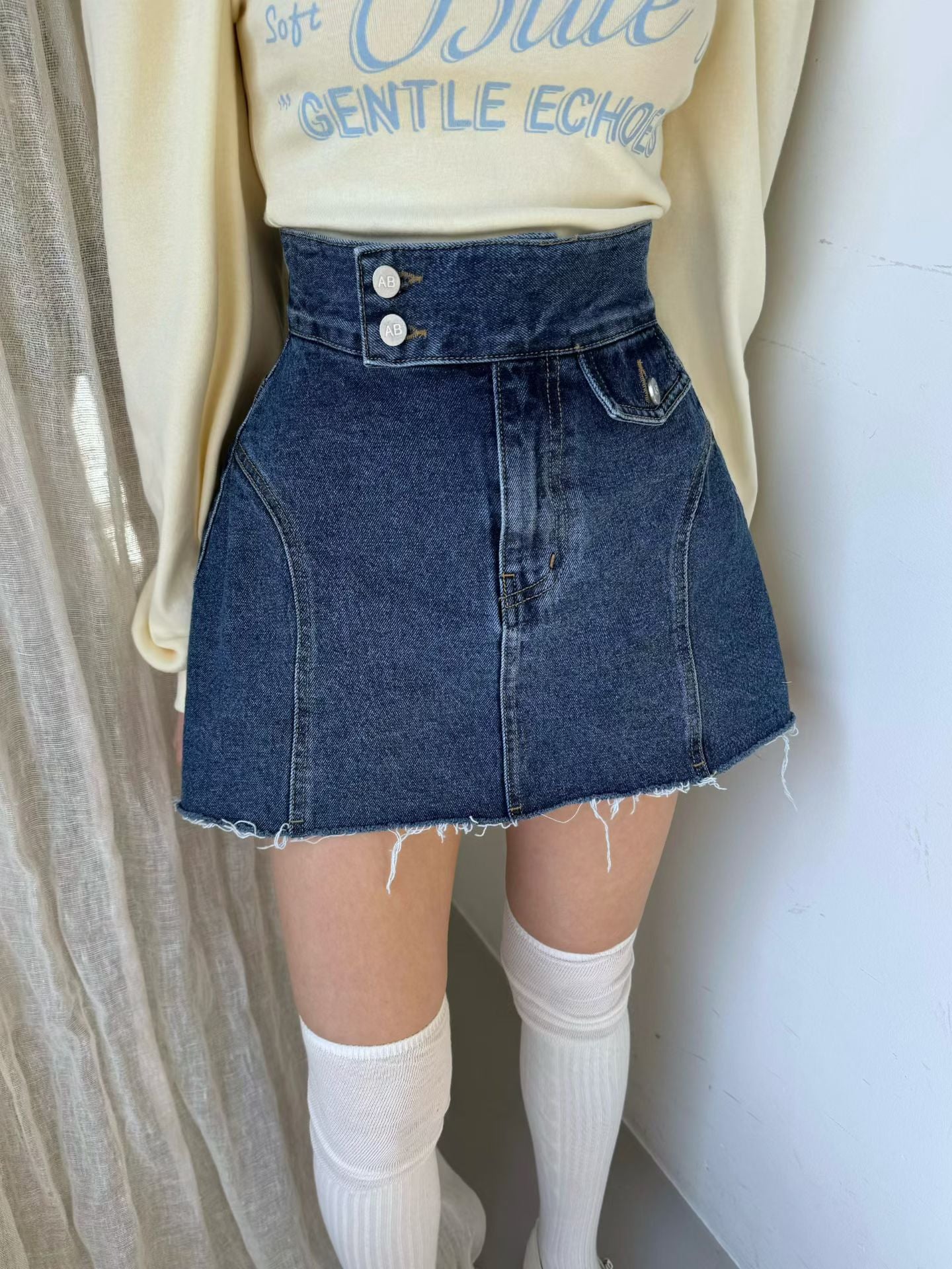 深藍色高腰牛仔裙褲 ( S/M/L )