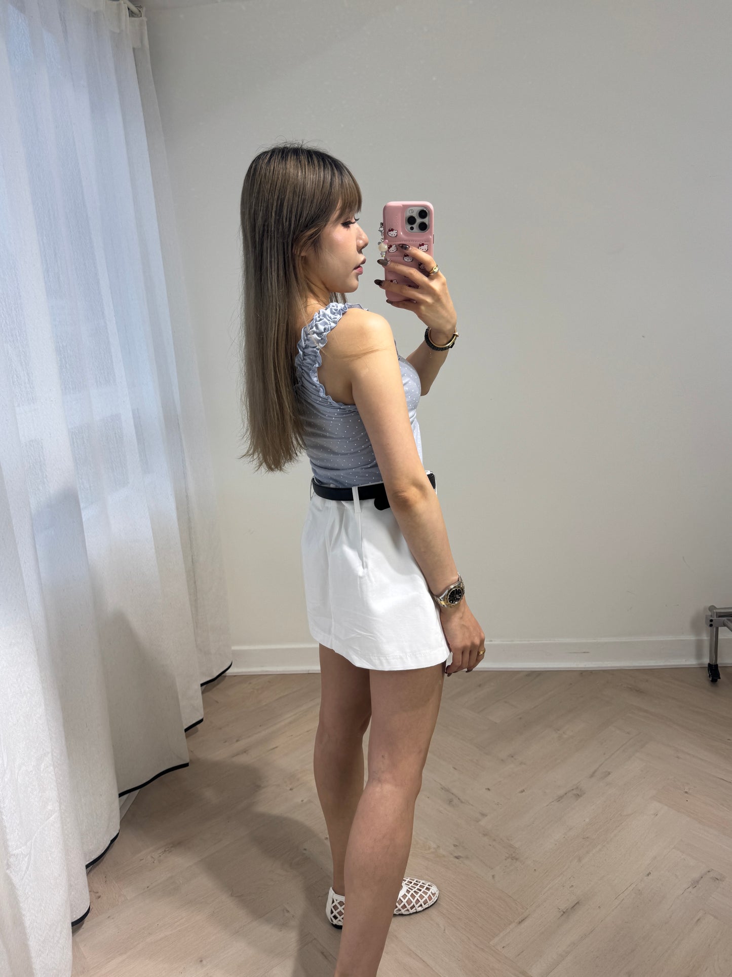細波點豬腸橡筋背心 ( 灰藍/白 )