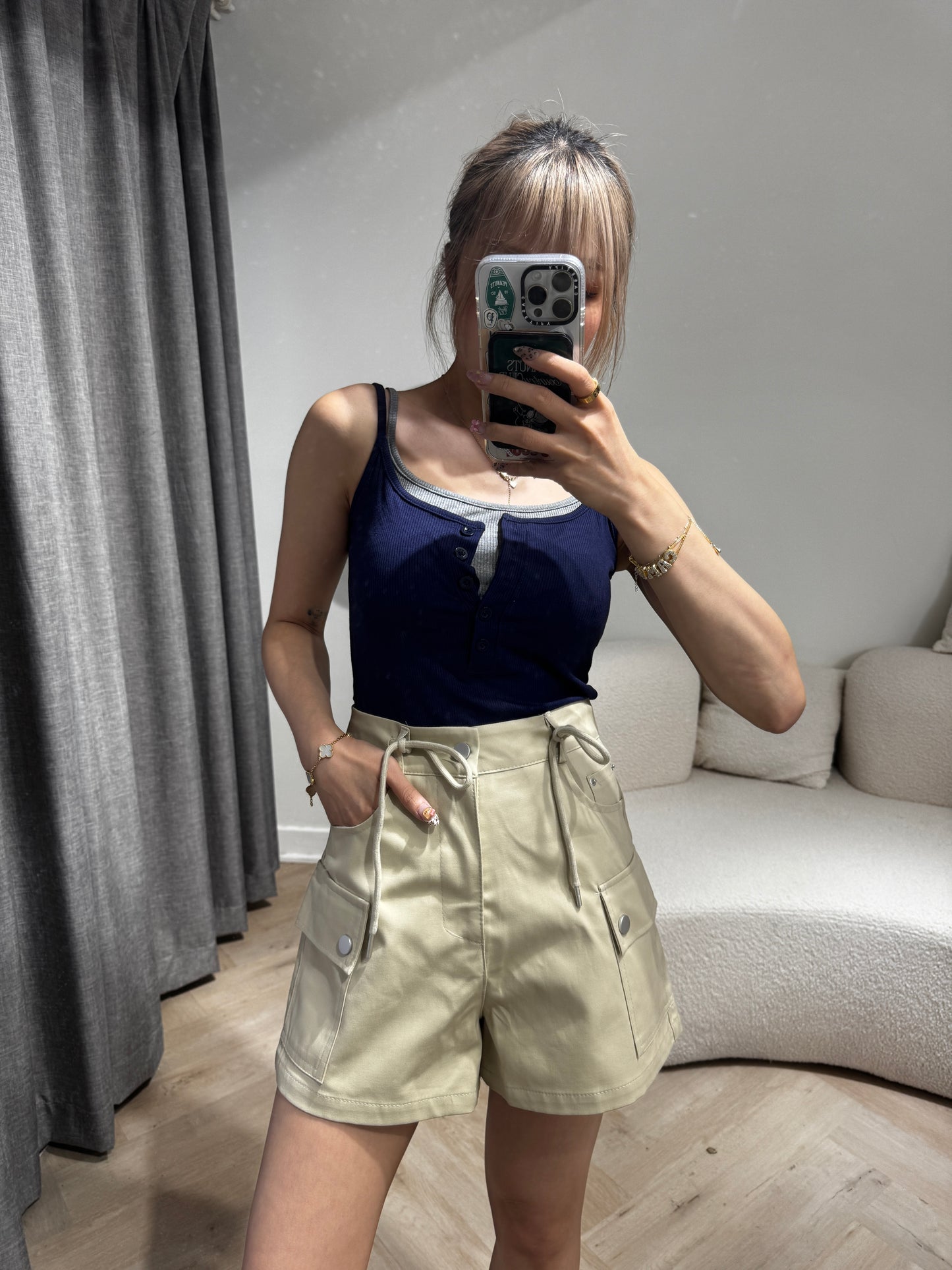 索繩口袋短褲 ( 白/杏 )