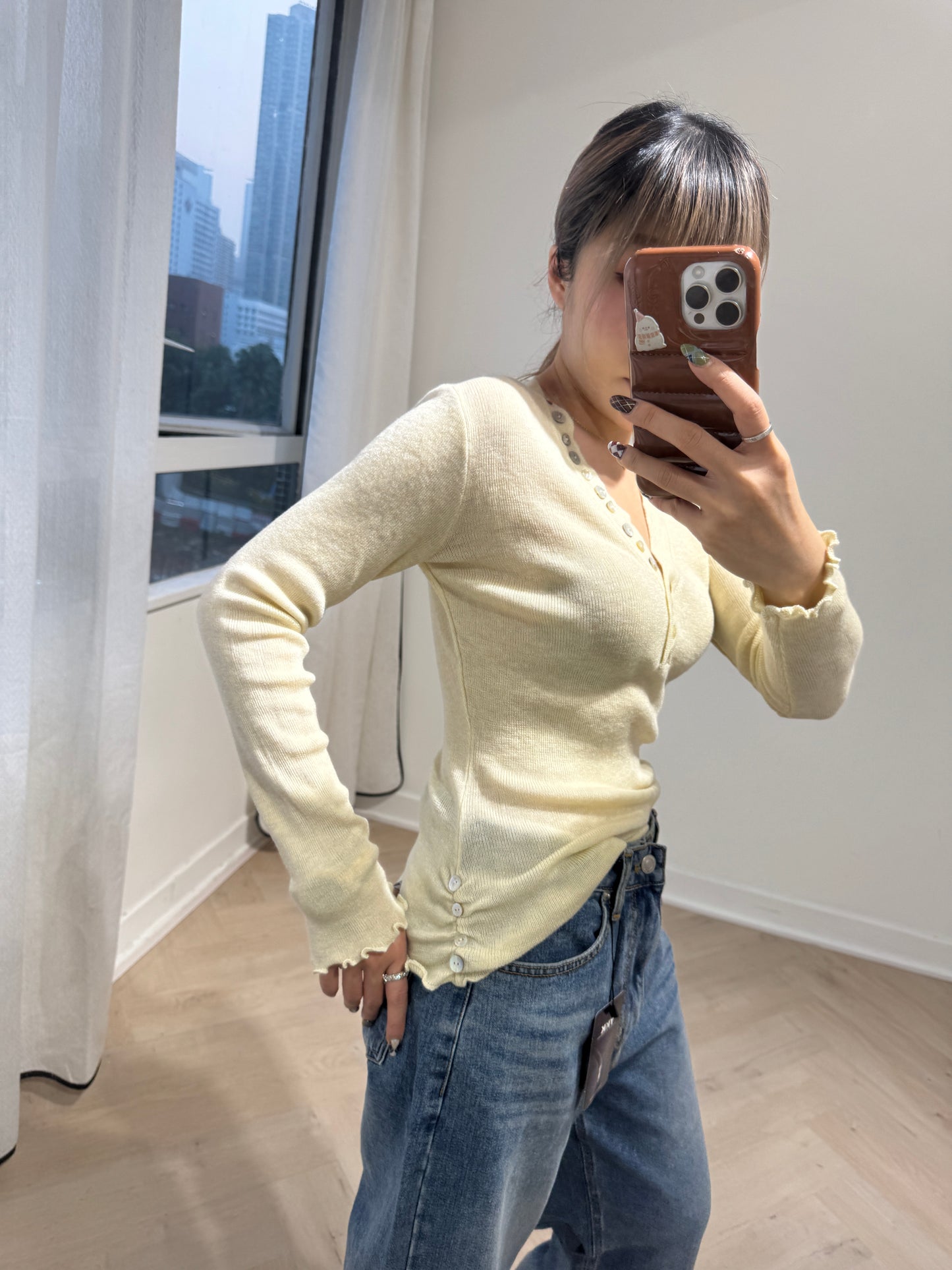 皺褶木耳顯瘦彈性上衣 ( 黃/灰 )