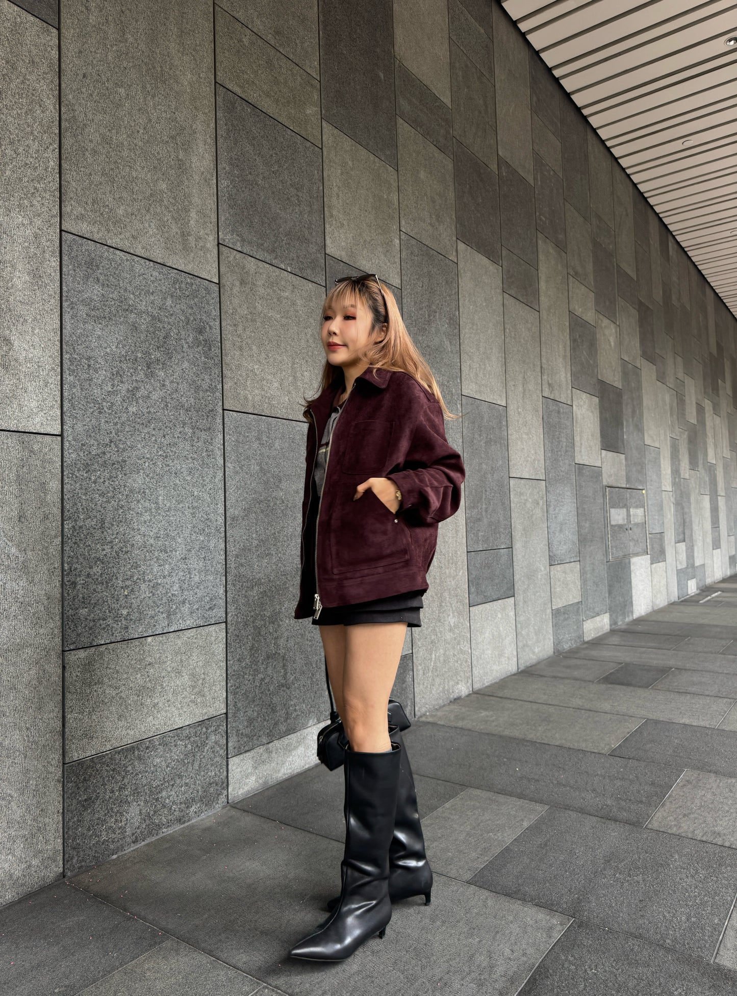 麂布有領拉鍊外套 ( 酒紅/杏 )