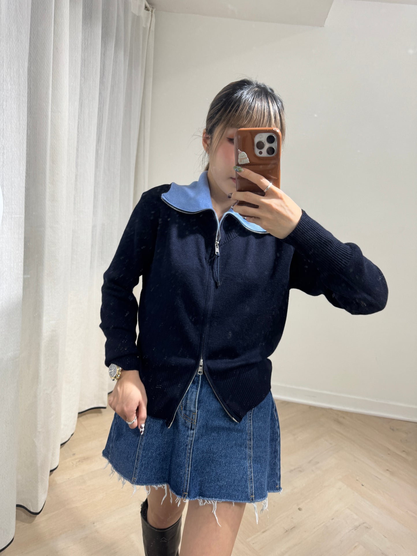 併色反領拉鍊上衣外套 ( 米白/深藍 )