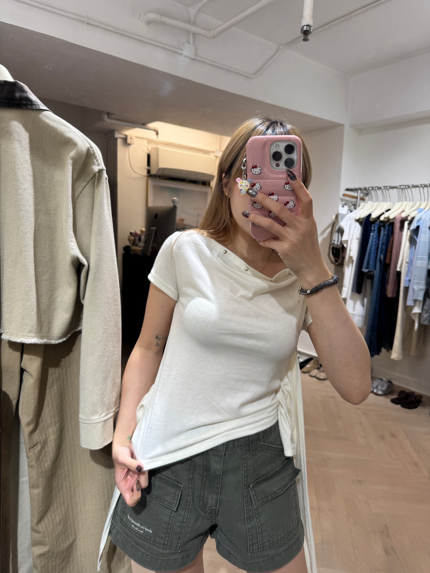 綁帶釘釘領棉TEE ( 黑/灰/米白 )