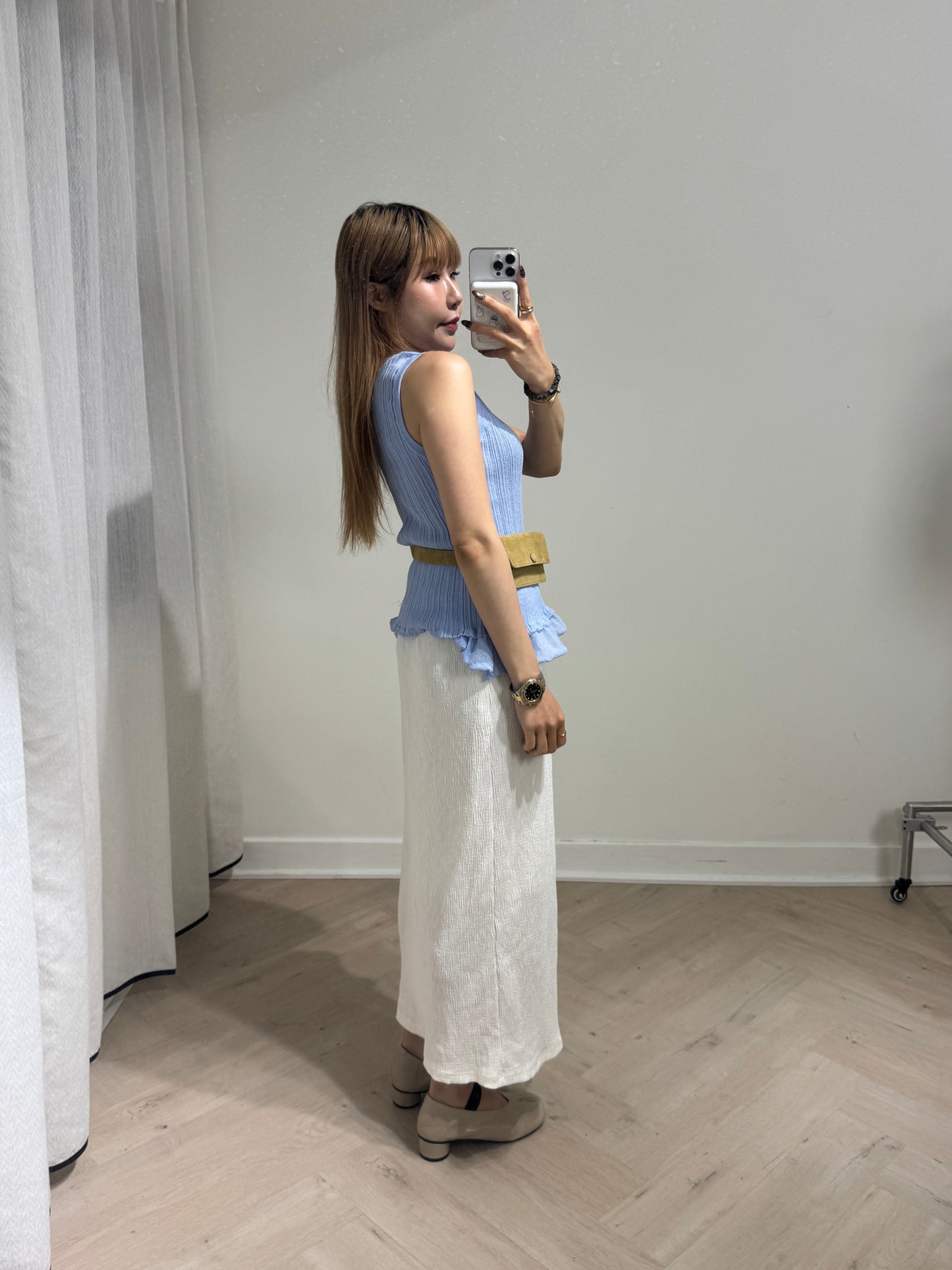 RUFFLE邊暗直紋背心 ( 粉藍/灰杏 )