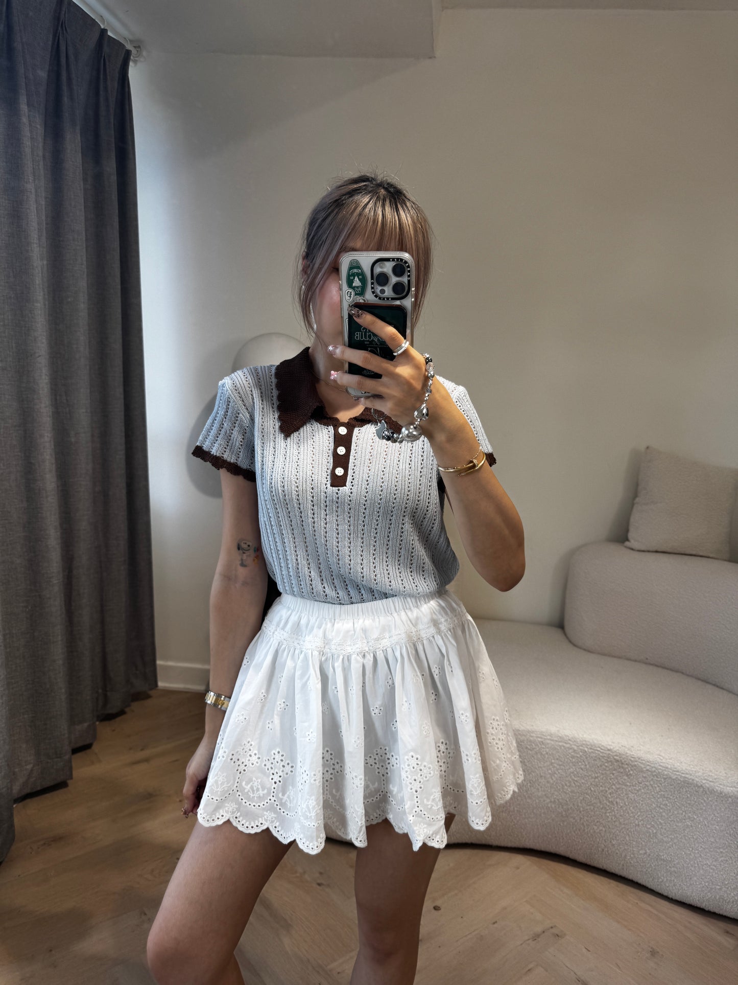 勾花波浪邊短裙 ( 白/啡 )