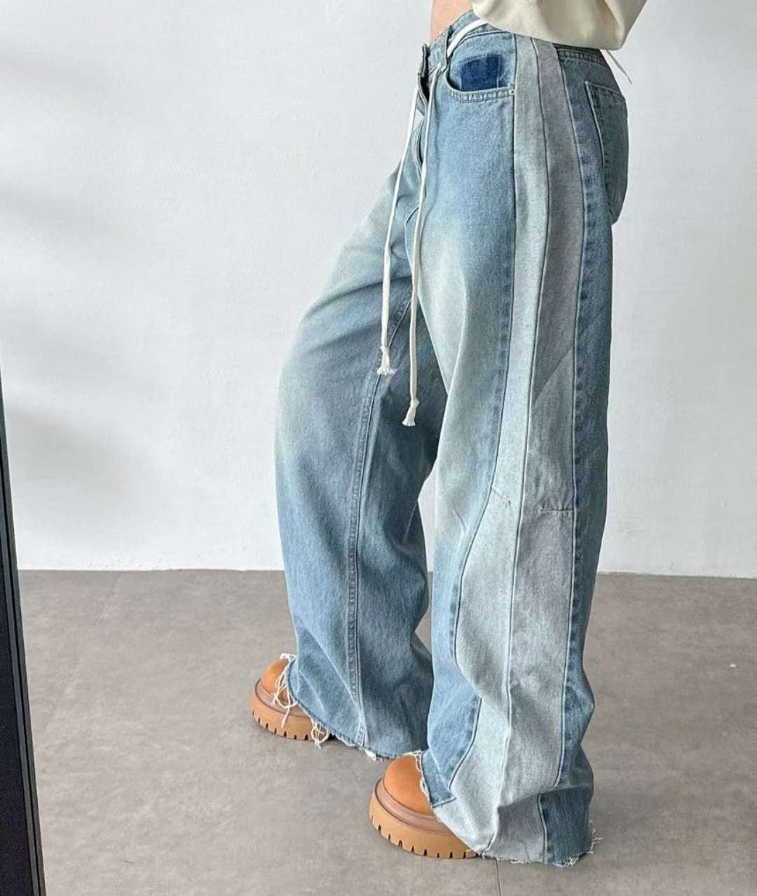 深淺併色直腳寬鬆白繩牛仔褲 ( S/M/L )