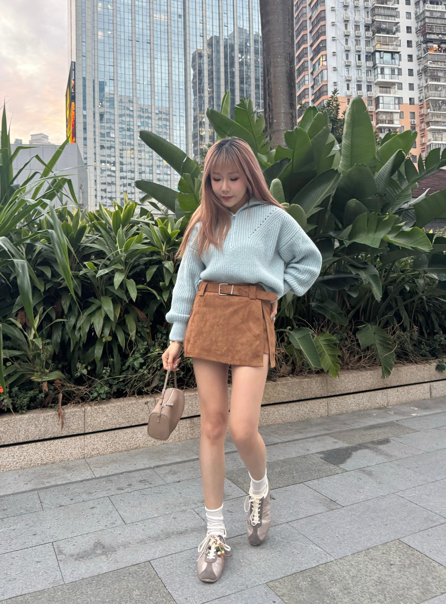 連BELT麂布開叉裙褲 ( 灰/啡 )