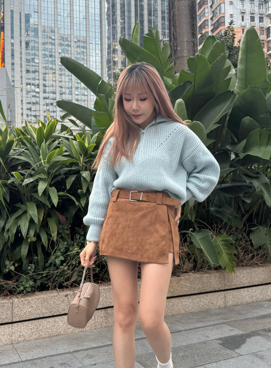 連BELT麂布開叉裙褲 ( 灰/啡 )