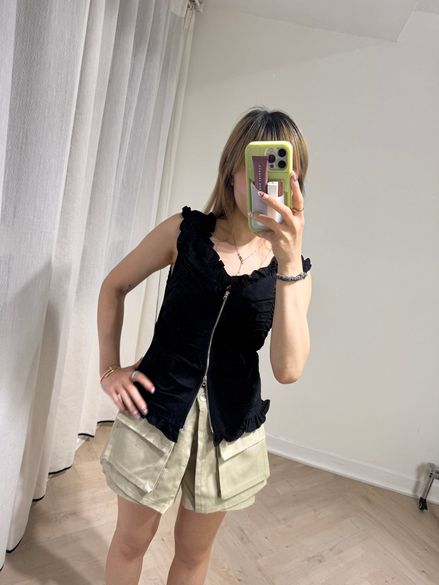 豬腸肩帶拉鍊上衣 ( 黑/白 )