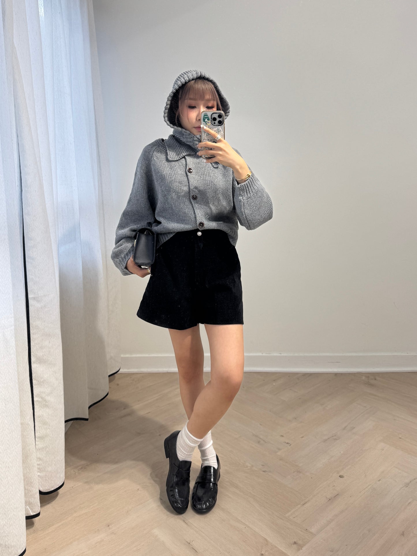 連冷帽鈕扣冷外套套裝 ( 灰/米白/黑 )