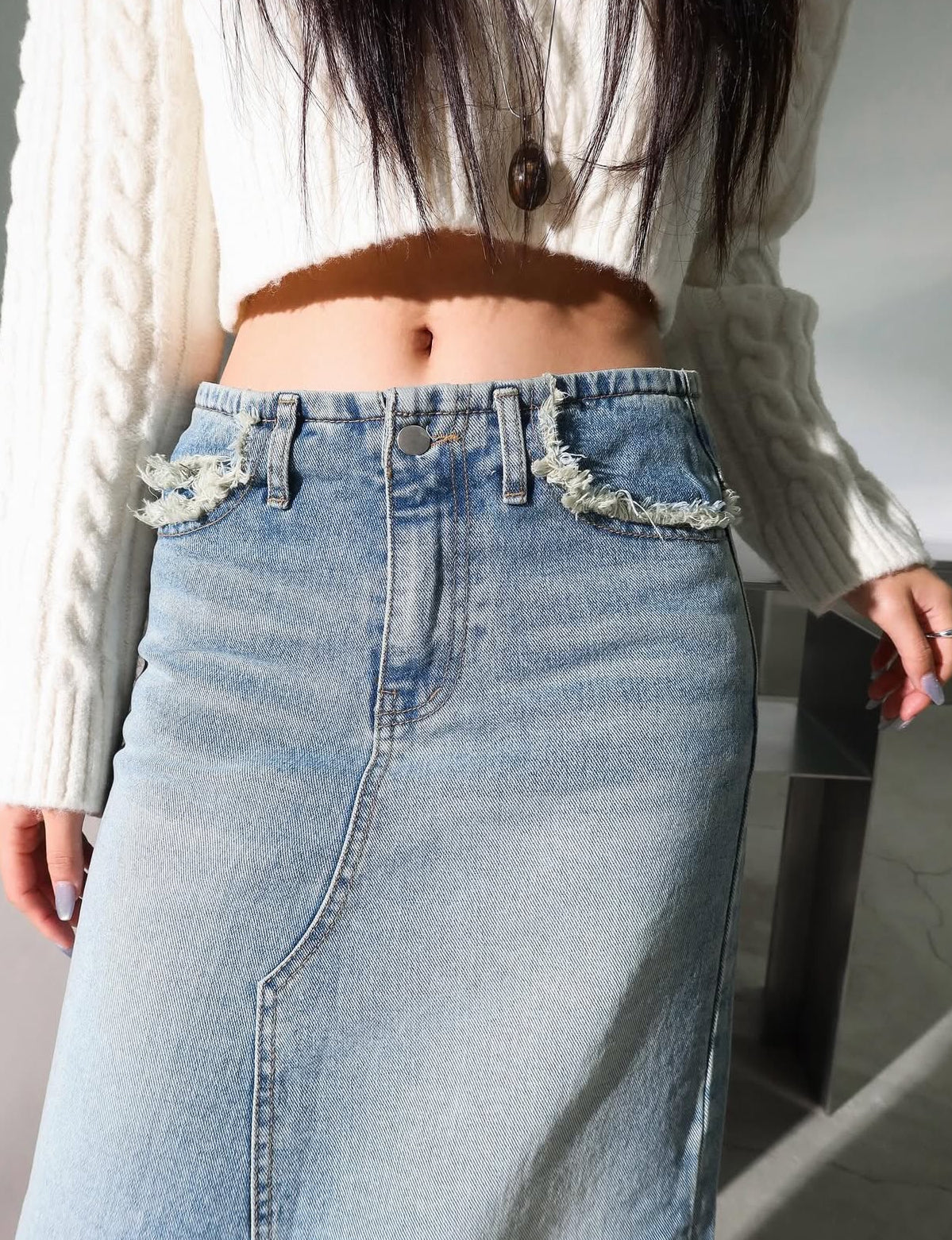 洗水後開叉連腰繩牛仔長裙 ( S/M )